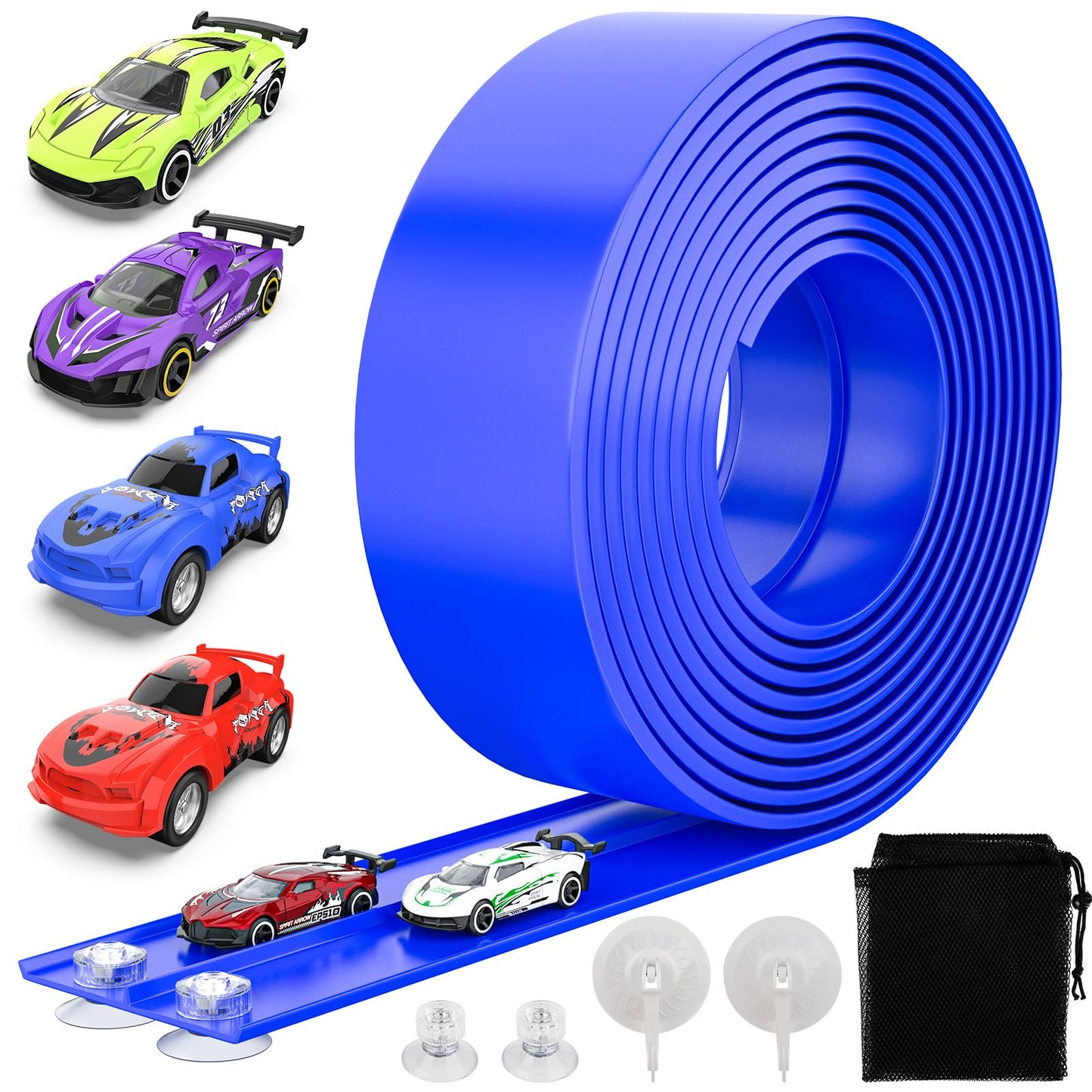 Wupuaait Flexible Race Car Track for Kids, 15Ft Race Track Toy with 4 Cars and Suction Cups, Rolls Up Portable Racetrack Compatible with All 1:64 Cars Toys, Birthday Gifts Toys for Boys Girls