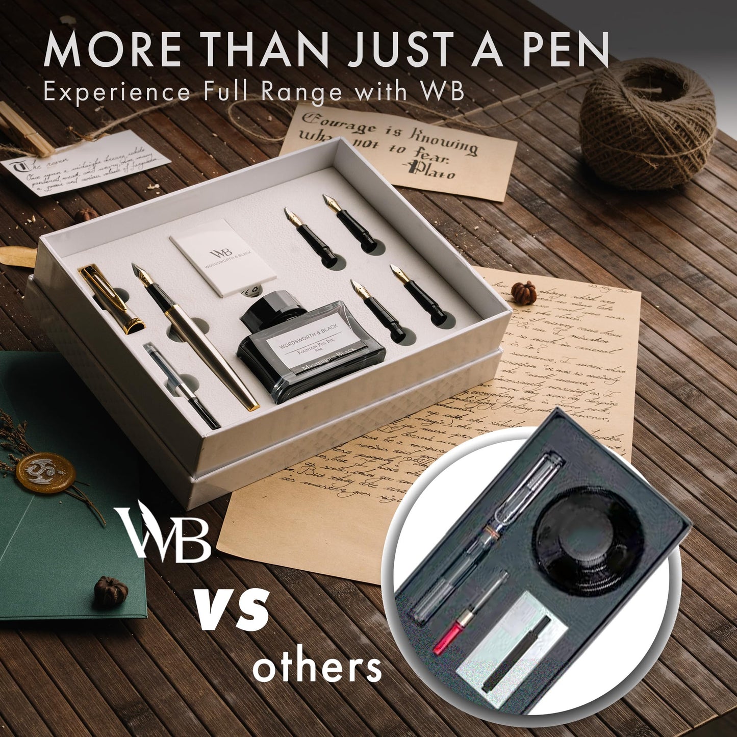 Wordsworth & Black Fountain Pen Gift Set, Includes Ink Bottle, 6 Ink Cartridges & A Refill Converter, 4 Replacement Nibs, Premium Package, Journaling, Calligraphy, Smooth Writing Pens [Silver Chrome]