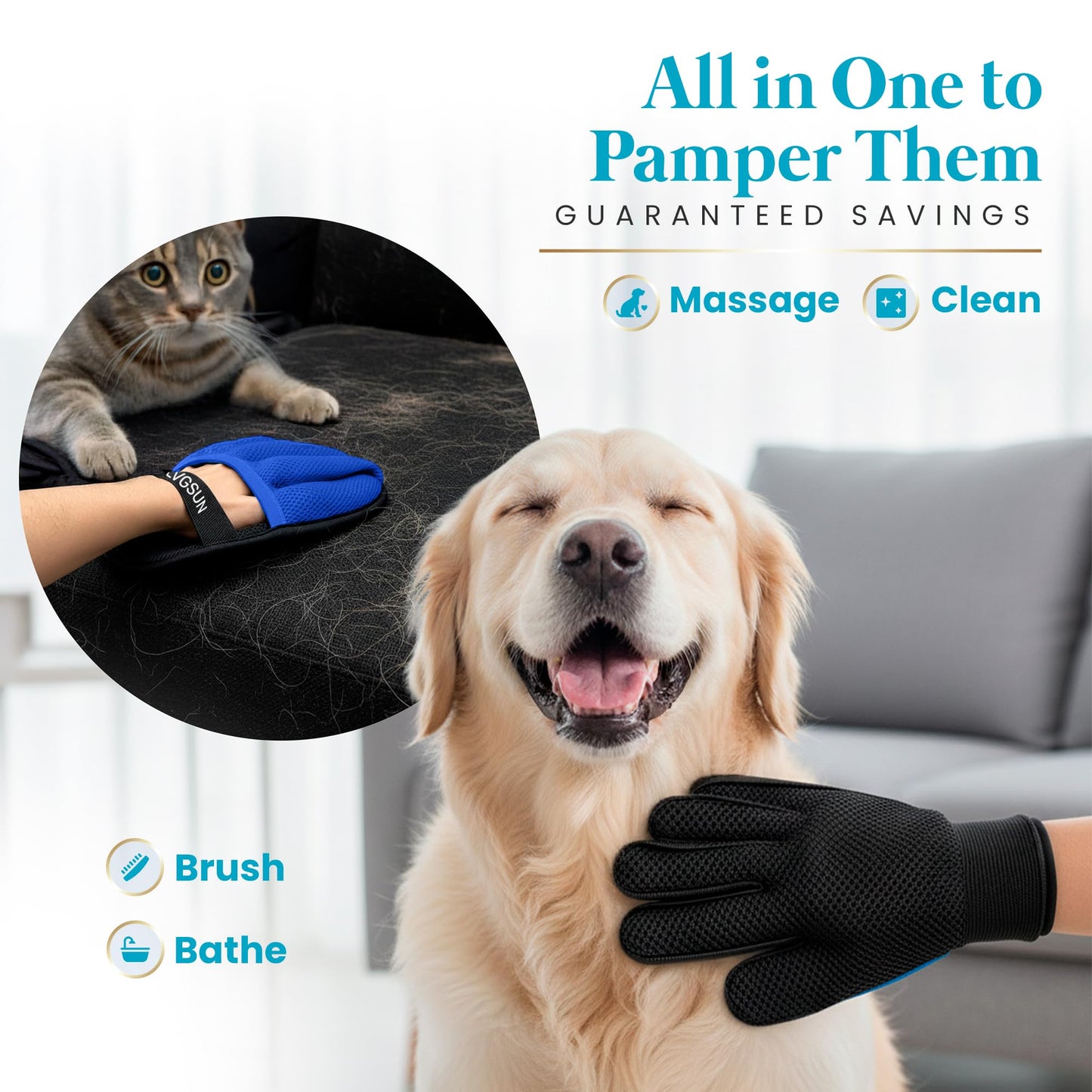 LVGSUN Cat Grooming Gloves for Shedding – Pet Hair Remover Set with Cleaning Mitt – 2 Grooming Gloves + 1 Reusable Pad for Cats, Dogs & Horses – Long & Short Hair Deshedding