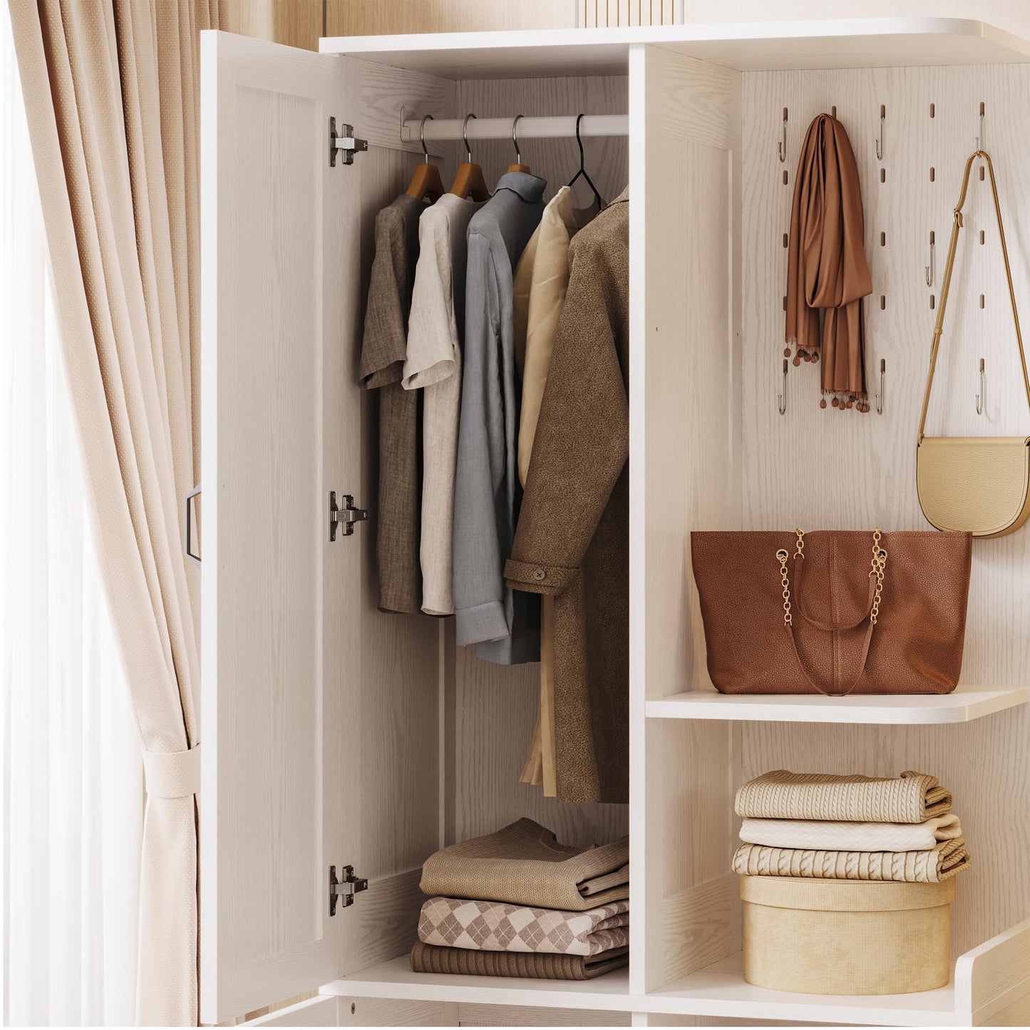 LIKIMIO Armoire Wardrobe Closet, 70" H Wooden Bedroom Armoire with Mirror, 2 Cabinet, Pegboard and a Open Shelf, Large Freestanding Clothing Storage Cabinet with 3 Doors, White