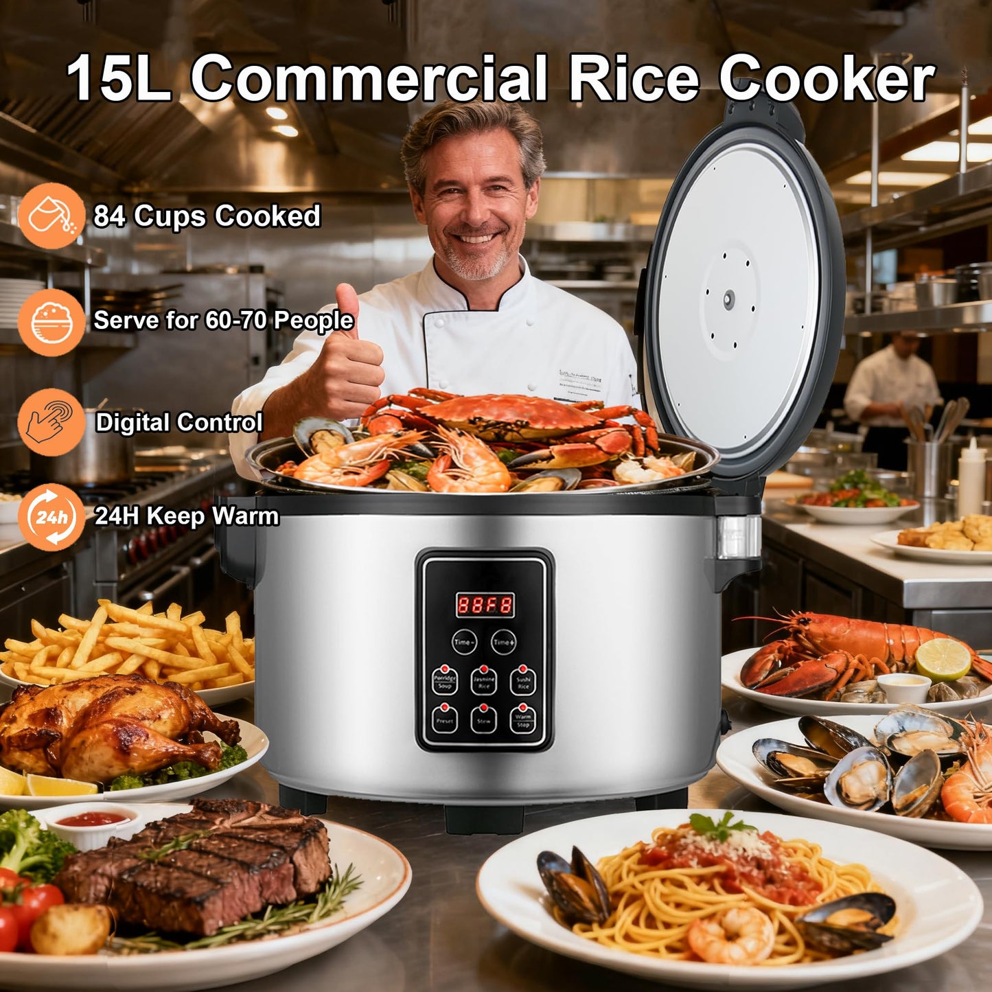 15L Commercial Large Rice Cooker (84 Cup Cooked),6-in-1 Electric Rice Cooker & Food Warmer,Multifunctional Resturant Smart Cooker, 24-Hr Delay Timer, LED Display,Auto Keep Warm,Non-Stick Inner Pot