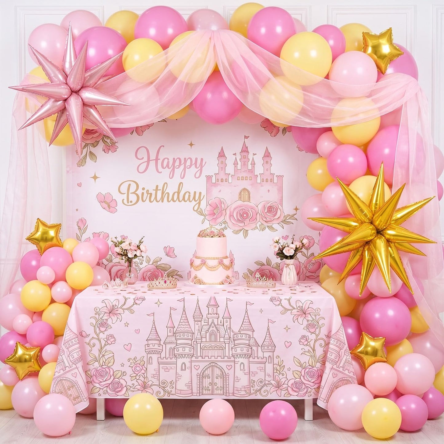 Hot Pink Yellow Balloon Arch Kit 160pcs with Large Pink Gold Star Five-Point Star Foil Balloons for super bro Princess Birthday baby shower peach Bridal shower Party Decorations
