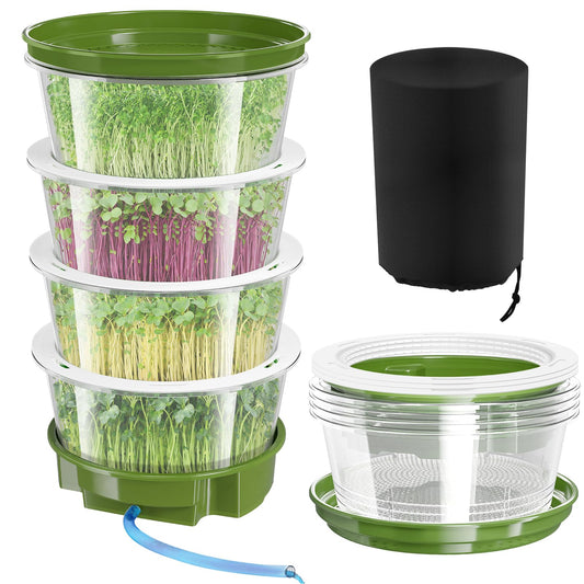 4-Tier Sprouts Growing Kit with Drain Hose & Ventilation Holes, Stackable Microgreens Growing Sprouting Trays Including Blackout Cover, Soil-Free Sprouter for Planting Broccoli Alfalfa Bean Seeds