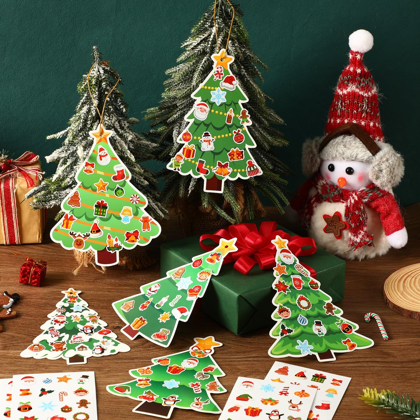 JULBEAR 54 Pcs Christmas Tree Crafts for Kids, DIY Xmas Tree Hanging Ornaments with Stickers Kits for Home Classroom Game Activities Party Favors Holiday Decoration Making