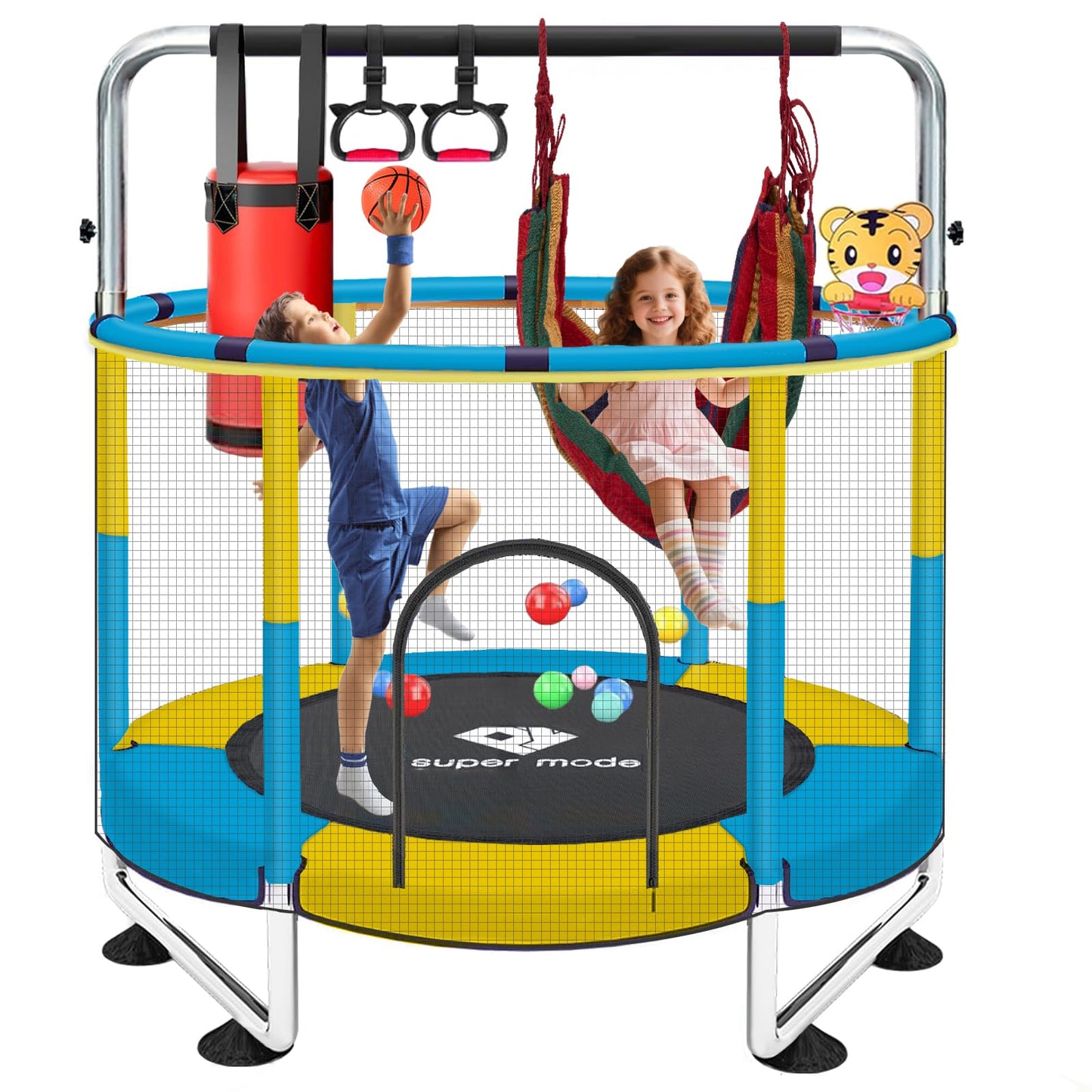 55" Indoor & Outdoor Trampoline for Kids with Enclosure, Toddler Trampoline with Adjustable Gymnastics Bar & Toys, No-Gap Safety Design (Yellow&Blue)