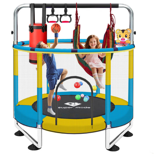 55" Indoor & Outdoor Trampoline for Kids with Enclosure, Toddler Trampoline with Adjustable Gymnastics Bar & Toys, No-Gap Safety Design (Yellow&Blue)