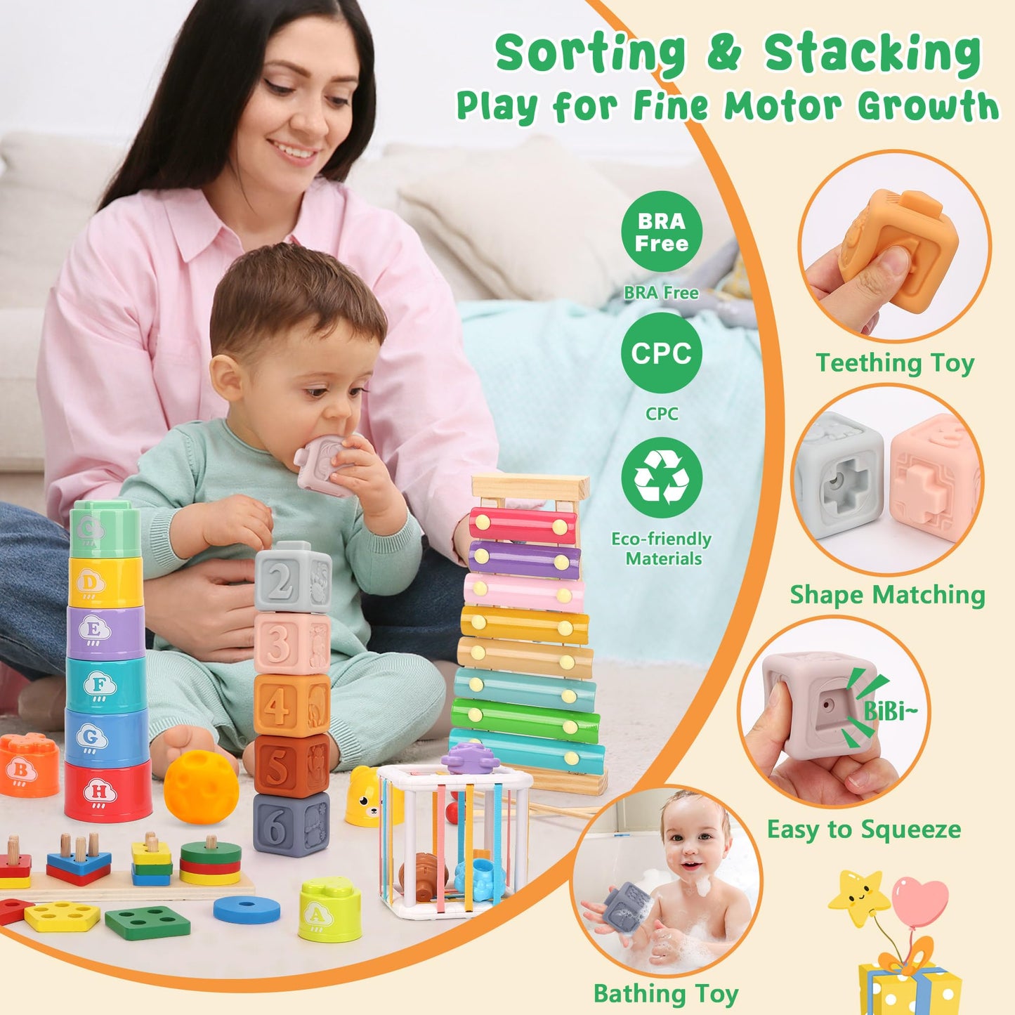FlufiFiea 6 in 1 Montessori Baby Toys 6-12-18 Months Infant Sensory Developmental Toys Set, Toddler Gift Early Learning Baby Toys for 1 Year Old Boys Girls