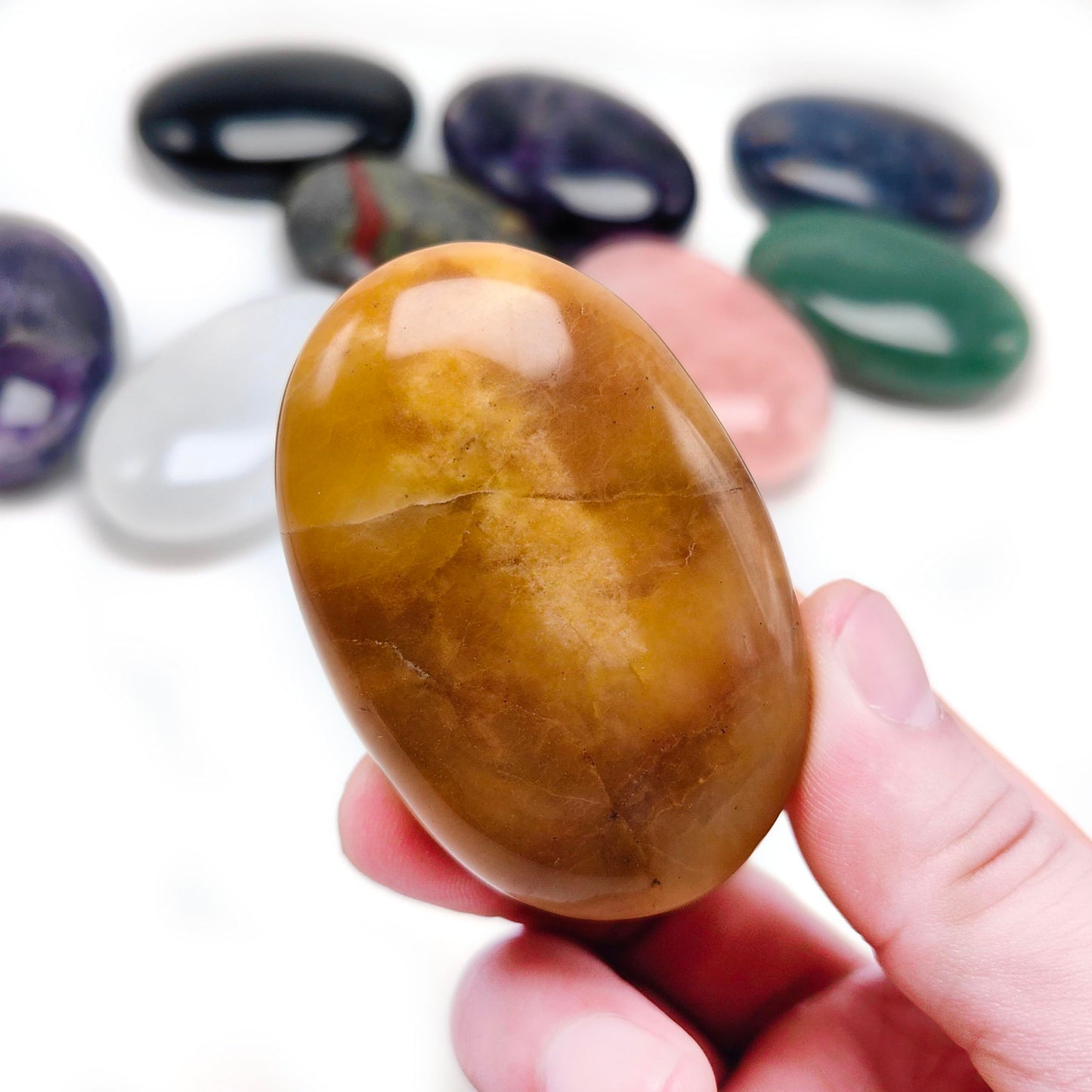 BEAUSIOO 2.4" Yellow Jade Palm Stone for Anxiety Relief, Healing Crystal for Meditation & Stress Relief, Polished Pocket Stone with Gift Box