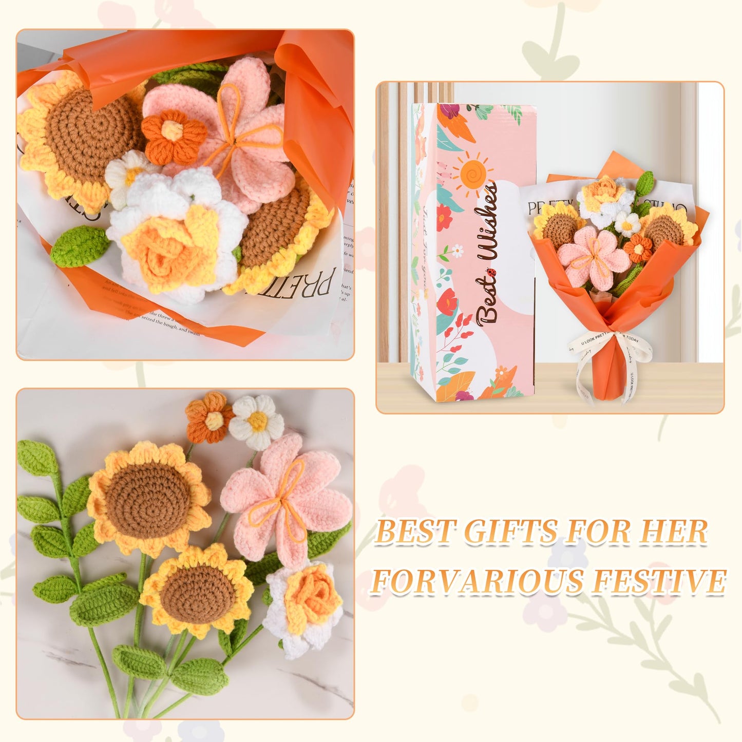 Gouraml Crochet Flower Bouquet, Orange Crochet Flowers for Mother's Day, Crochet Sunflowers Tulips Roses Bouquet for Valentines Day, Weddings Birthdays Home Decor Gift for Women Moms Wife Friends