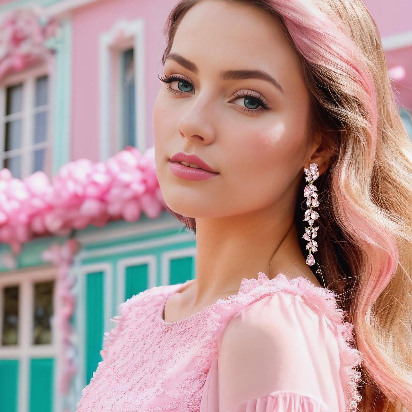 EVER FAITH Wedding Rhinestone Crystal Chandelier Dangle Earrings for Women Brides, Art Deco Marquise Teardrop Bridal Long Drop Earring for Prom Pink