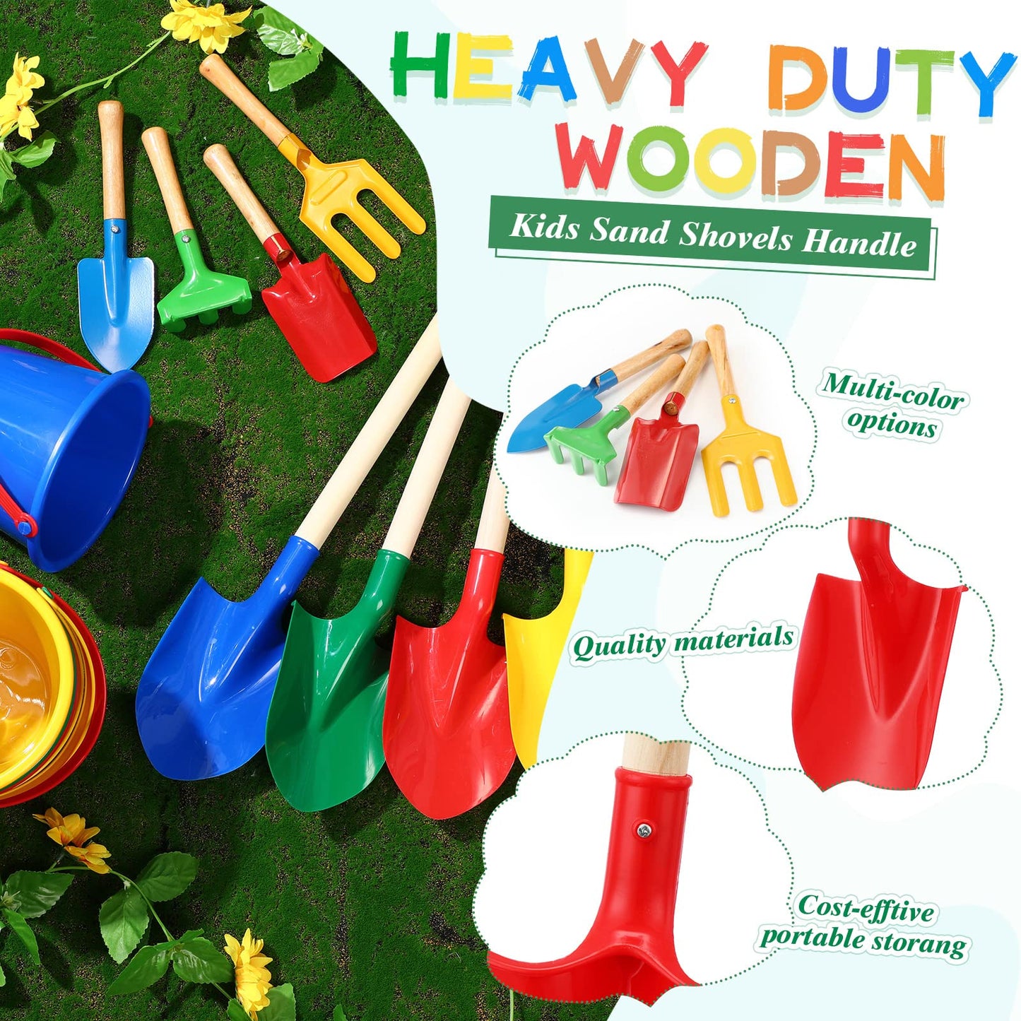 Jexine 12 Pcs Sand Buckets and Shovels for Kids Beach Sand Toys Bulk 12 Plastic Beach Buckets and 12 22 Inches Gardening Shovel with Wooden Handle Summer Toys for Boys and Girls, 4 Colors