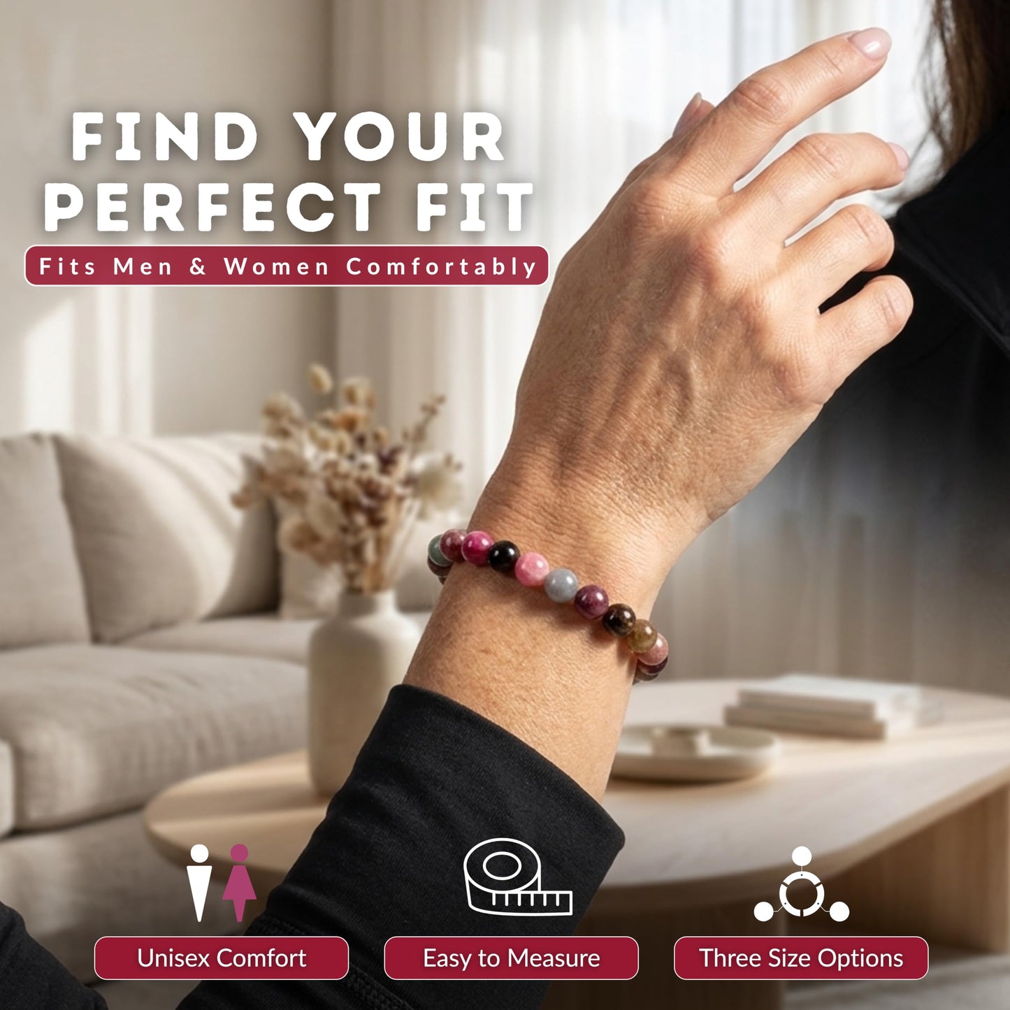 Cherry Tree Collection Rainbow Tourmaline Beaded Bracelet – Genuine 8mm Gemstone Stretch Bracelet for Men & Women – Handmade Crystal Bracelet - (Rainbow Tourmaline - M)