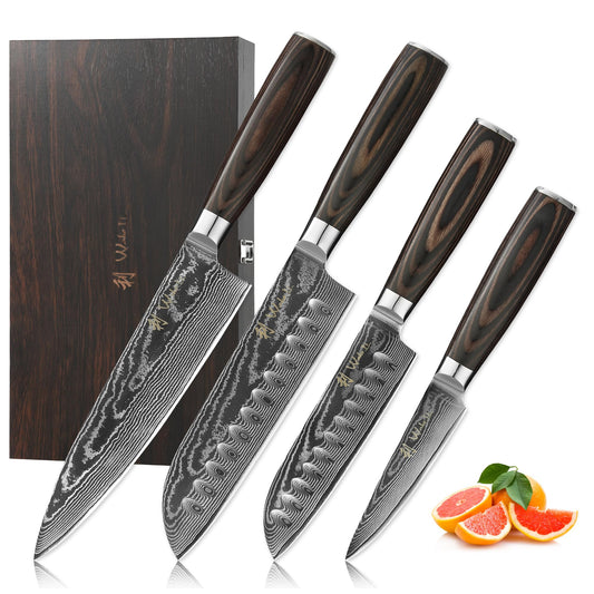 Wakoli EDIB Essentials 4-Piece Damascus Knife Set – Professional Kitchen Knives with VG10 Core, 67-Layer Damascus Steel Blades – Santoku, Chef, Small Santoku & Paring Knife with Pakkawood Handles