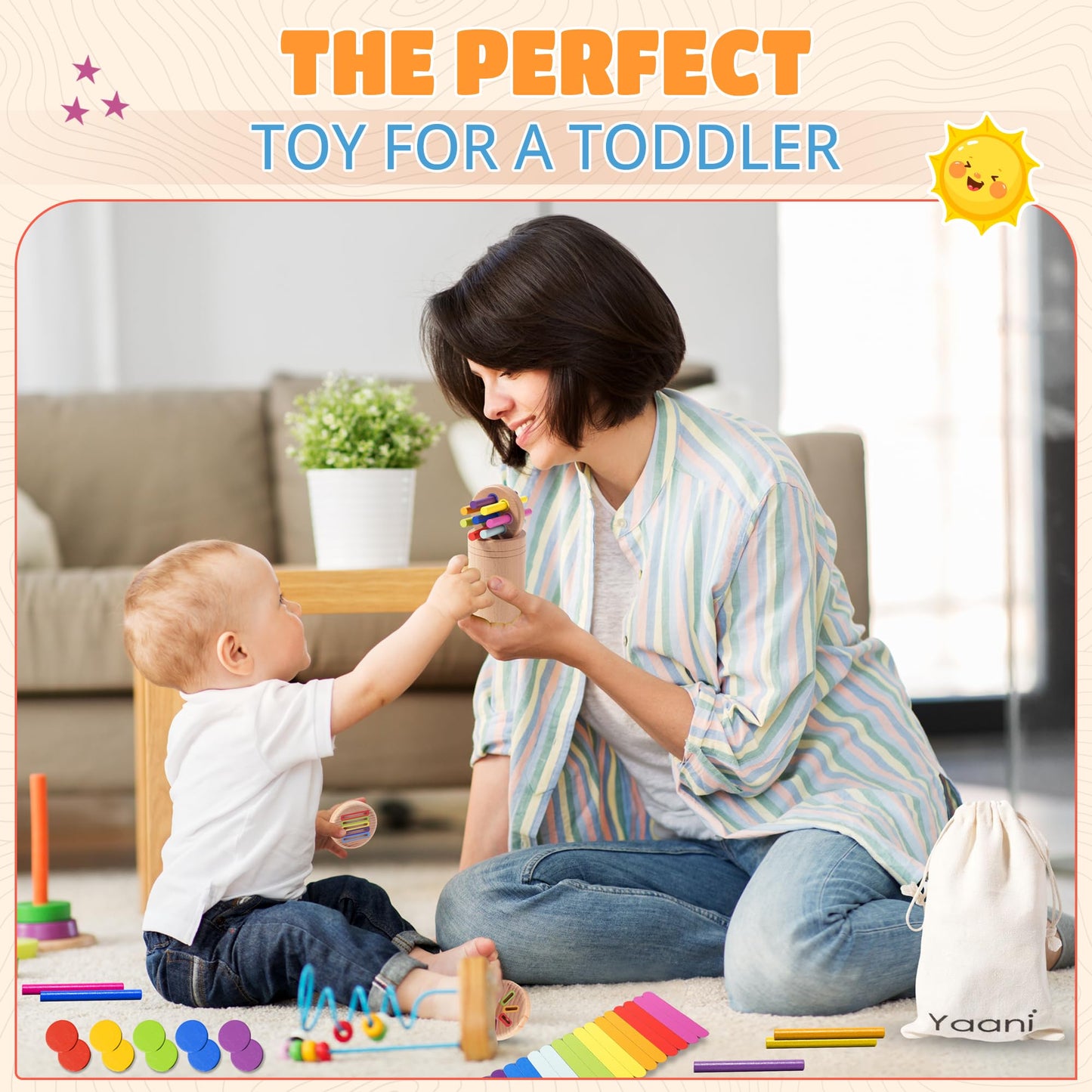 YAANI Montessori Toys for 1-3 Year Old: Wooden Sorting Sticks Toys for Toddlers Age 1 2 3, Fine Motor Developmental Infants Sensory Matching Games, Busy Board 18 Month Old Baby Boys Girls Gifts