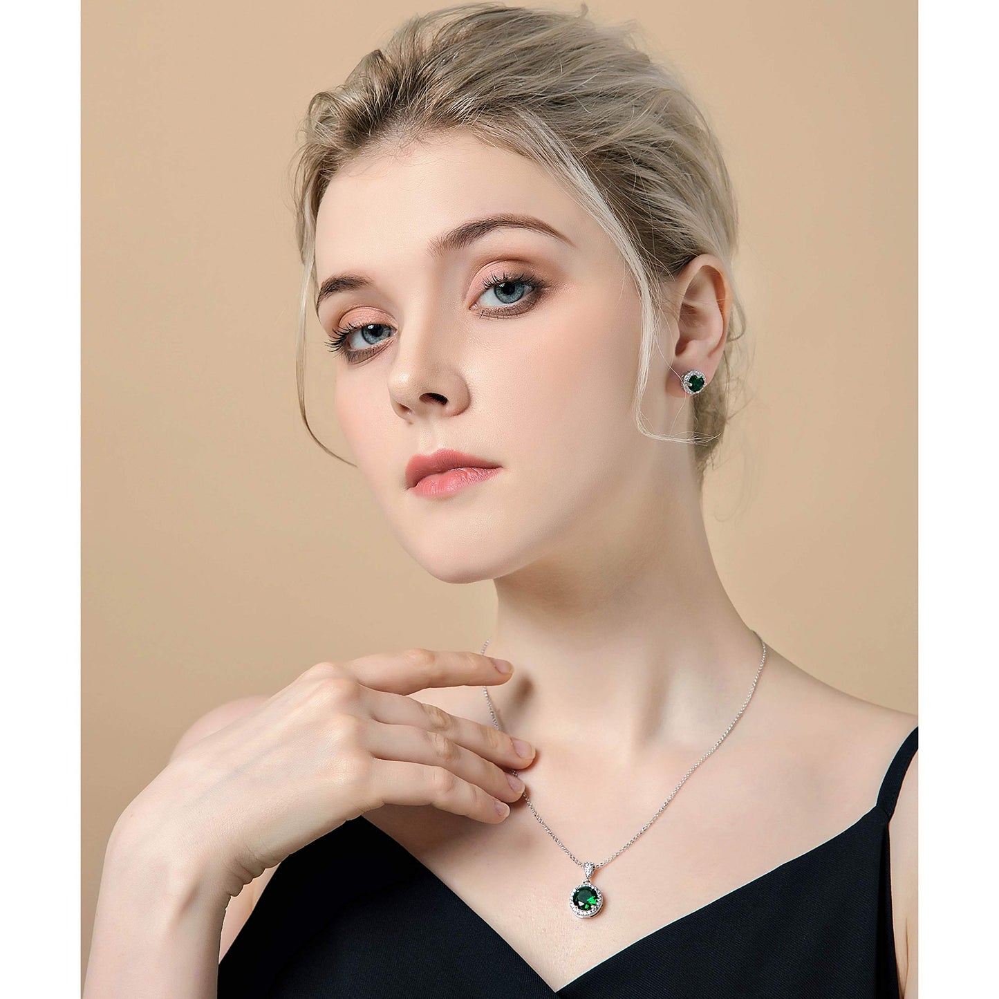 AMYJANE Emerald Necklace and Earrings Set - 14k White Gold Plated Green Round Cubic Zirconia Crystal Pendant and Halo Stud Earrings - May Birthstone Fashion Jewelry for Women