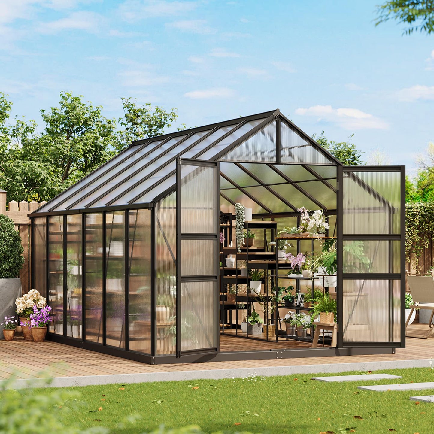 12x8 FT Greenhouse, Greenhouses for Outside, Polycarbonate Greenhouse with Aluminum Frame, Lockable Door and Ajustable Roof Vent for Backyard, Green Houses for Outside Garden Backyard, Patio