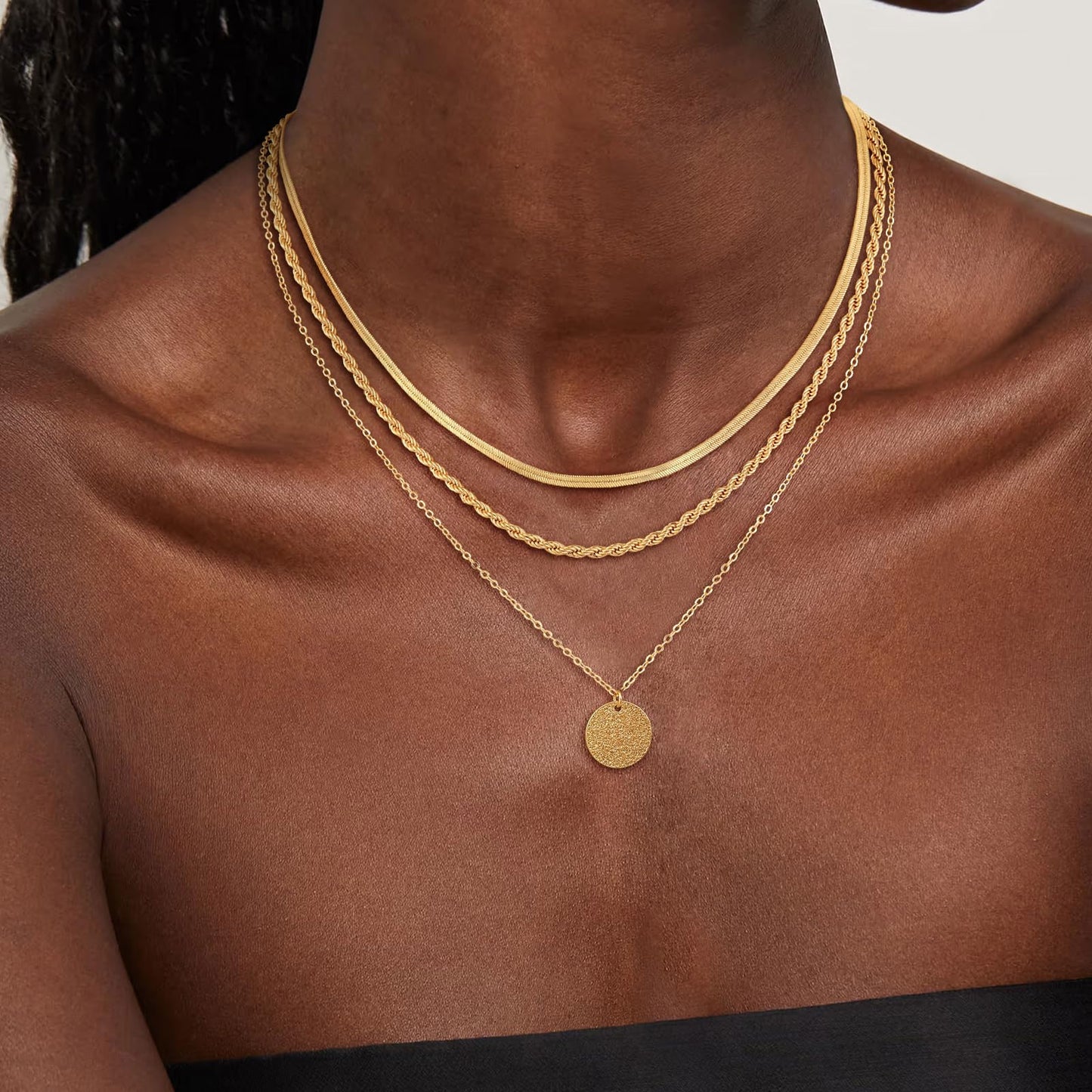 CHESKY Layered Necklace for Women Trendy,Dainty 14K Gold Plated Bar Disc Pendant Necklace Simple Snake Rope Chain Gold Jewelry Set for Women Gifts