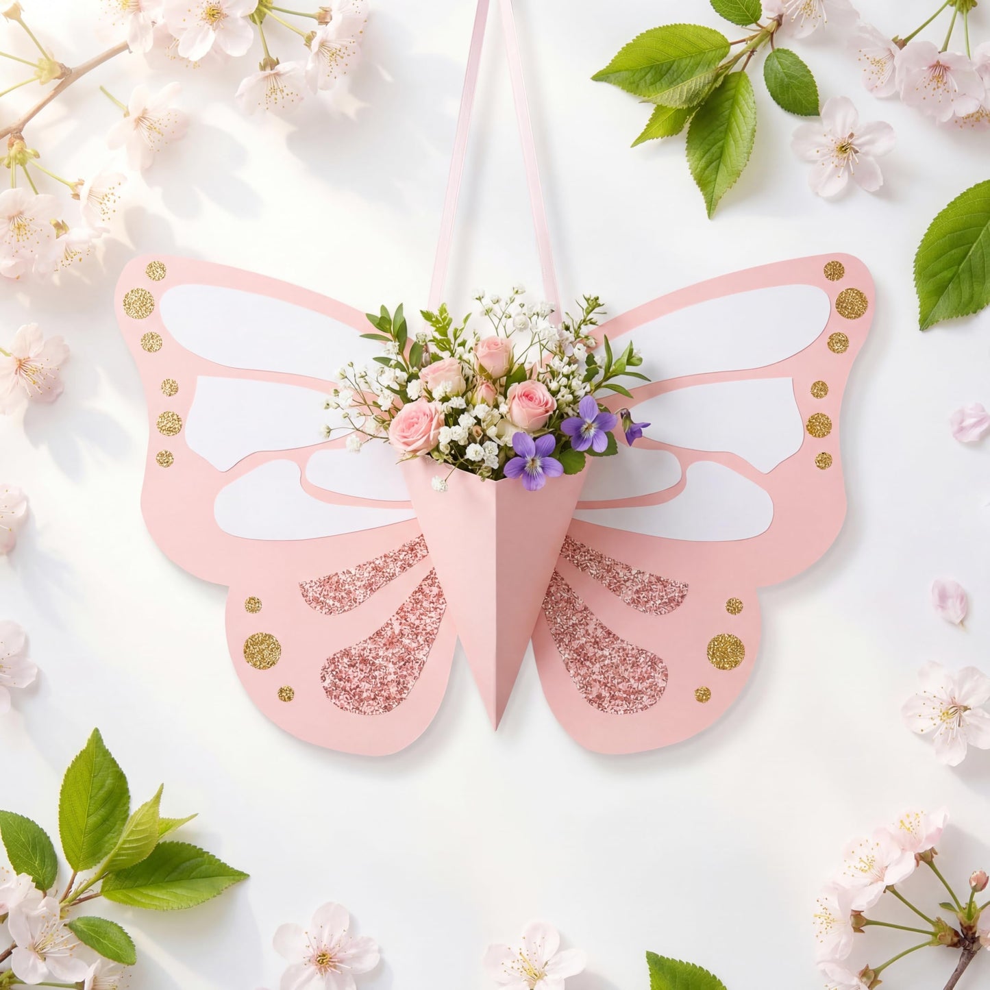 Tenceur 6 Pcs Flower Gift Bags DIY Butterfly Flower Bouquet Bags with Ribbon Pink Butterfly Shape Floral Wrapping Paper for Summer Birthday Wedding DIY Gift Bouquet Wrapping Party Supplies