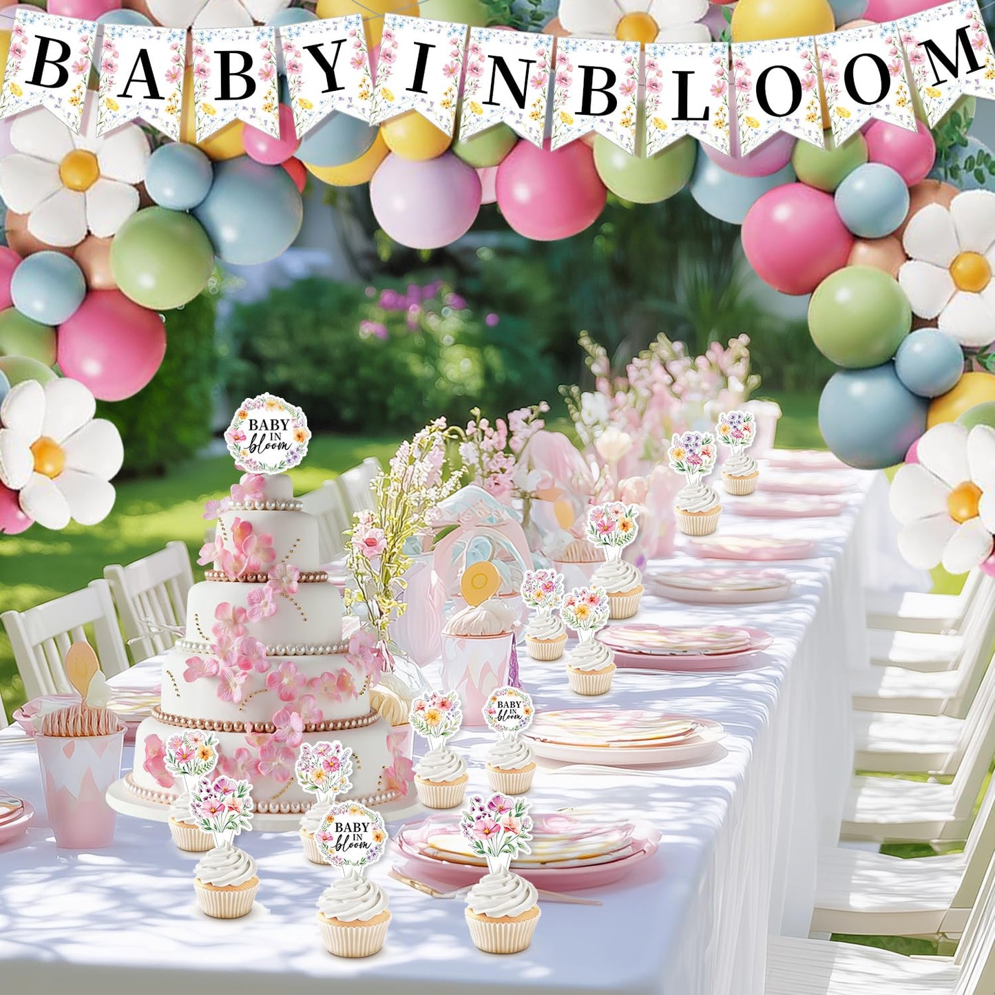 Baby in Bloom Baby Shower Decorations for Girl - 92pcs Balloons Garland Kit, Baby in Bloom Banner, Backdrop, Floral Tablecloth, Daisy Balloons, Cake and Cupcake Toppers