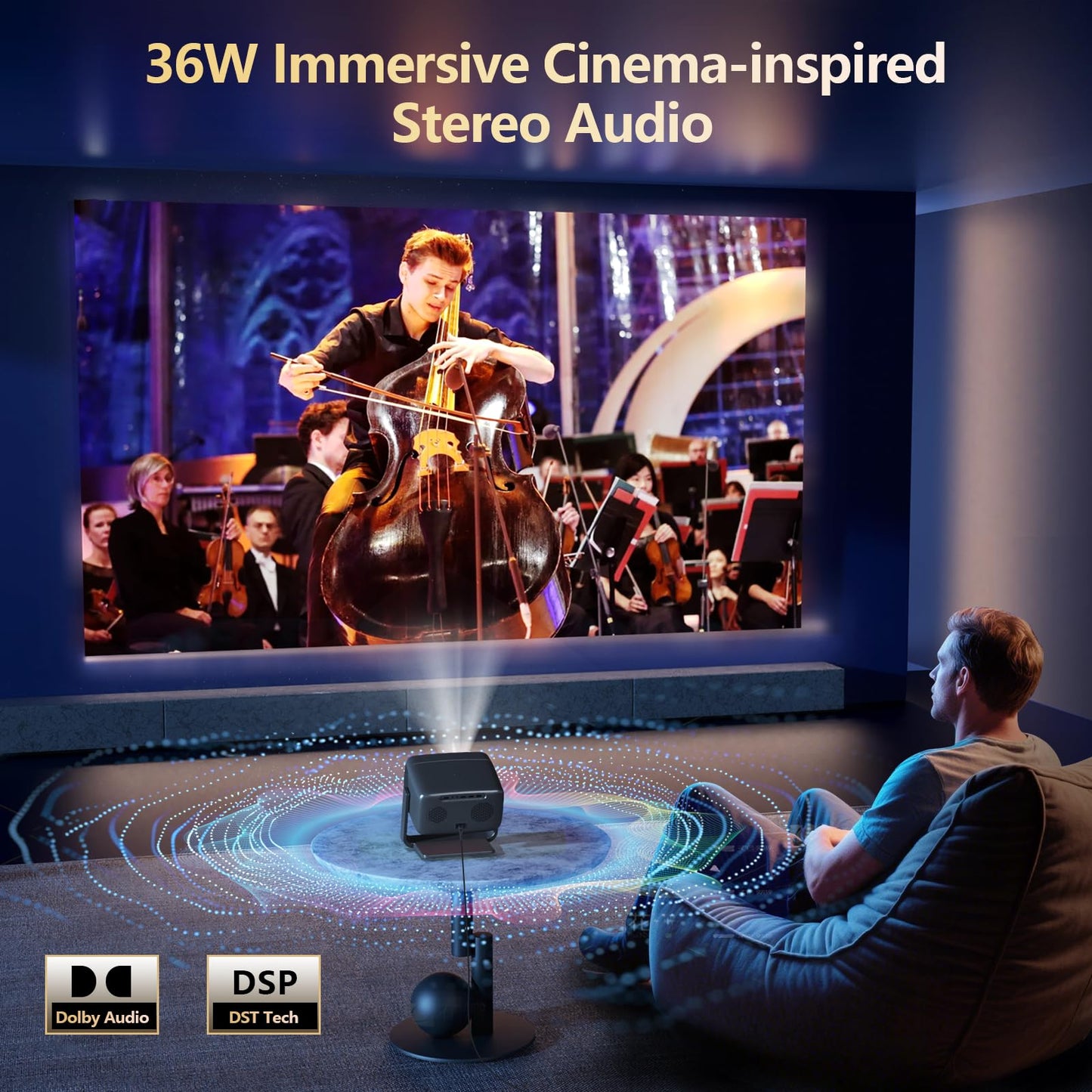 2000 ANSI Lumens 4K Projector with WiFi and Bluetooth, 36W DoIby Audio, AI Auto Focus 360° Stand, Outdoor Projector Compatible with NetfIix Prime Video Youtube