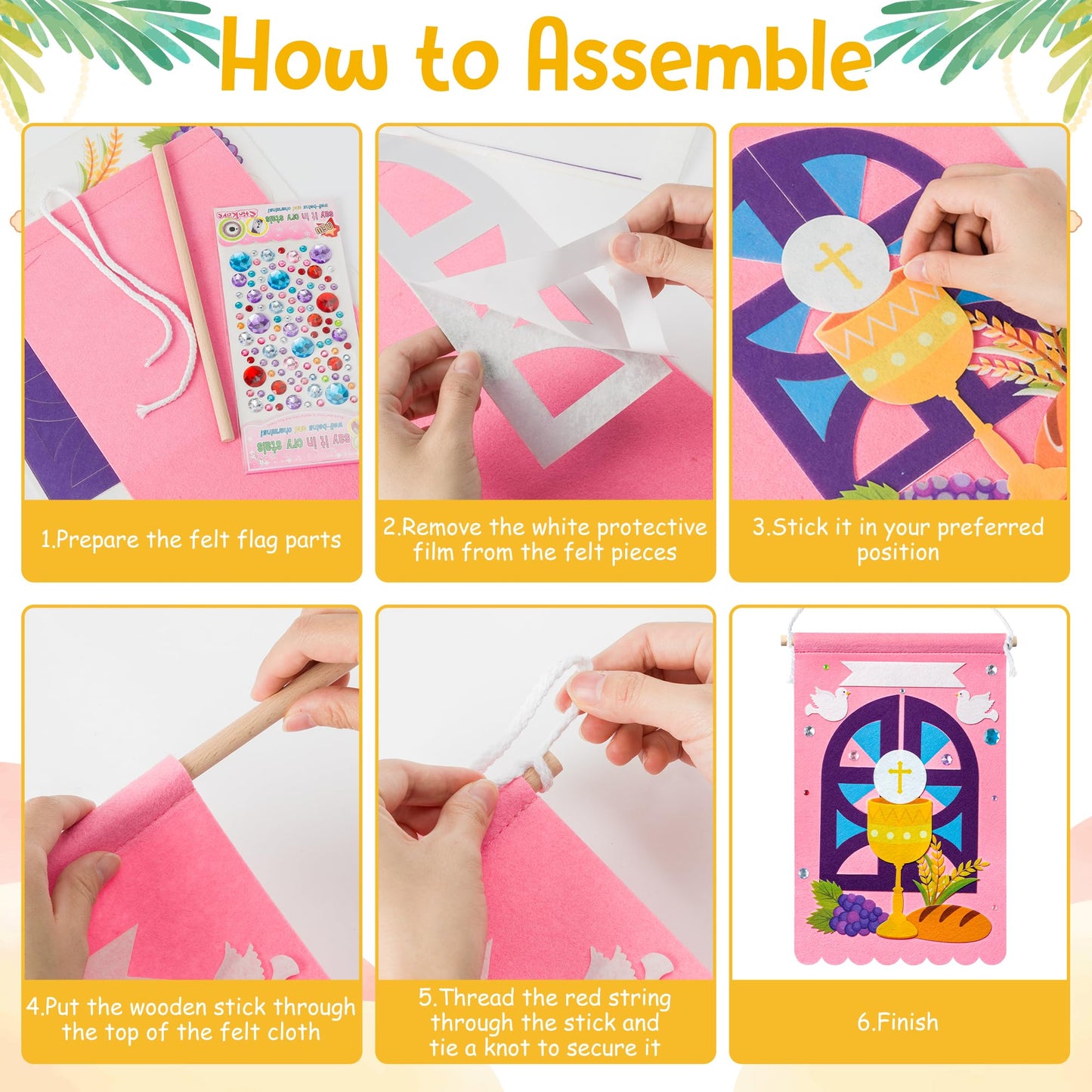 WATINC First Communion Banner Kit - 12 Set Holy 1st Communion Felt Banner Kit Baptism Christian Cross DIY Craft Decorations, Make Your Own Sunday School Church Hanging Crafts Supplies for Girls (Pink)