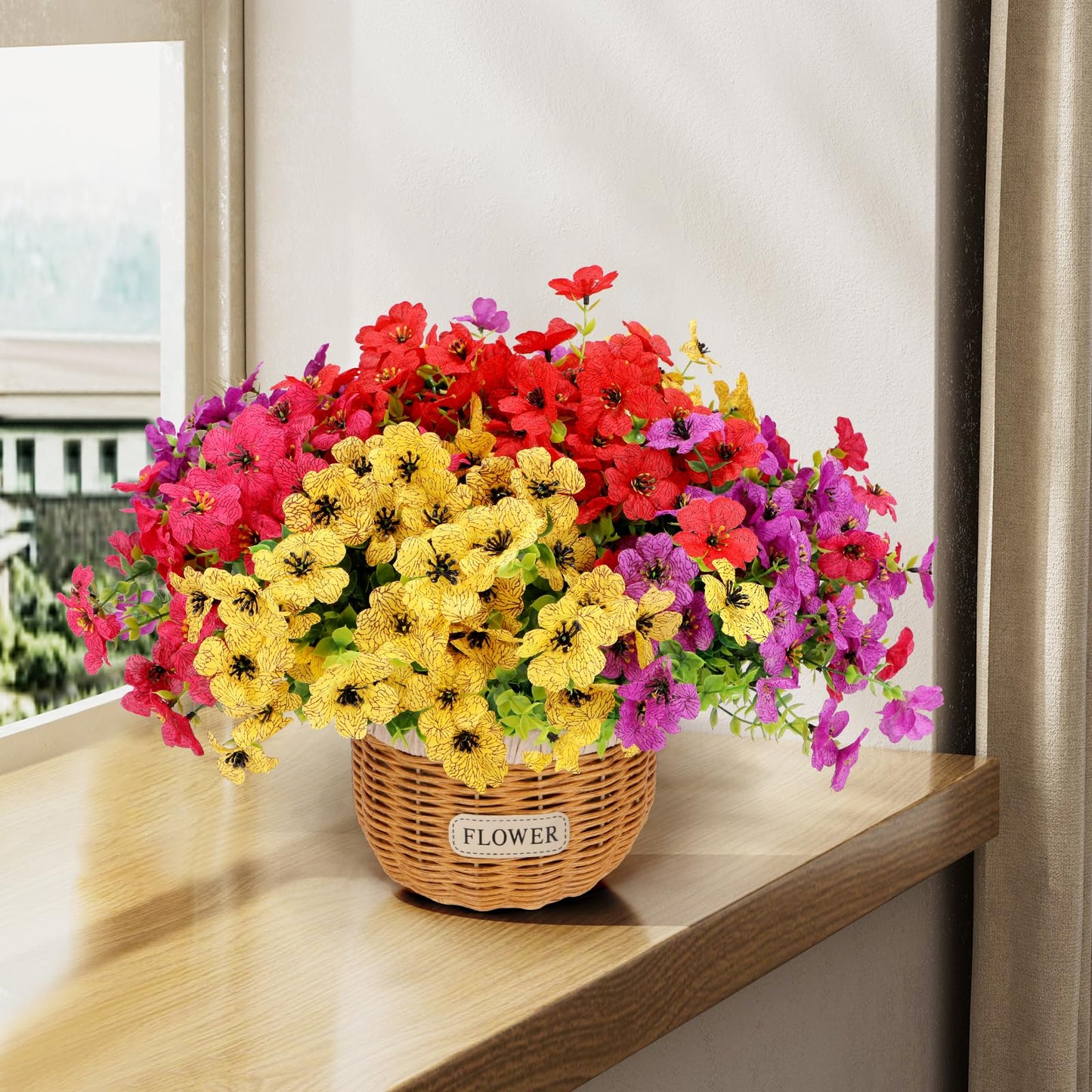 Geegoods Artificial Flower Arrangements for Tables, Fake Potted Mums Silk Flowers with 2 Rattan Baskets for Home Dining Bedroom Office Farmhouse Decor