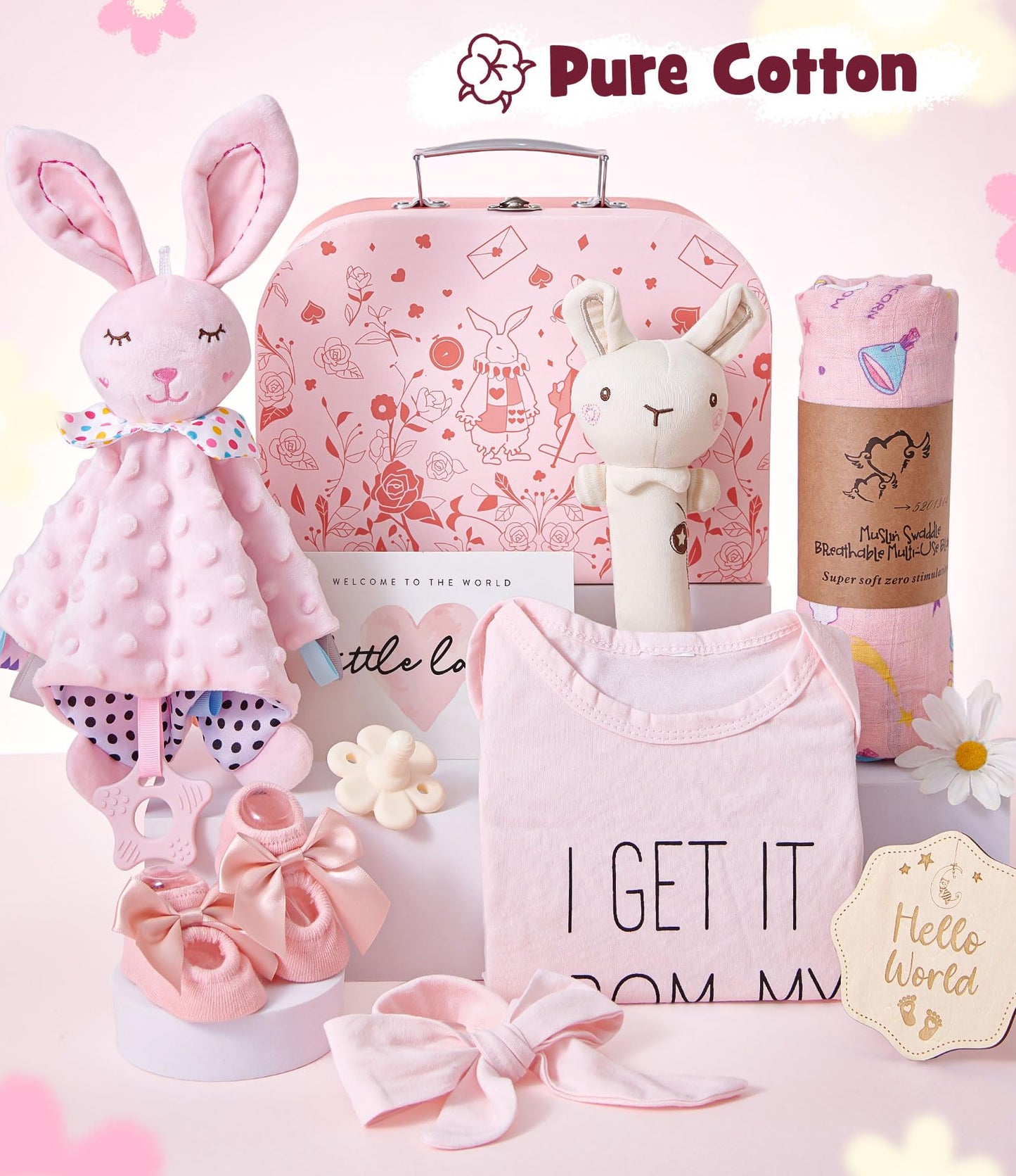 Golray Baby Shower Gifts for Girls, Baby Girl Gifts Baskets with Rattle, Blanket/Bodysuit Set, New Born Essential Stuff, Gender Reveal Ideas Infant New Born Baby Girls Gift Basket