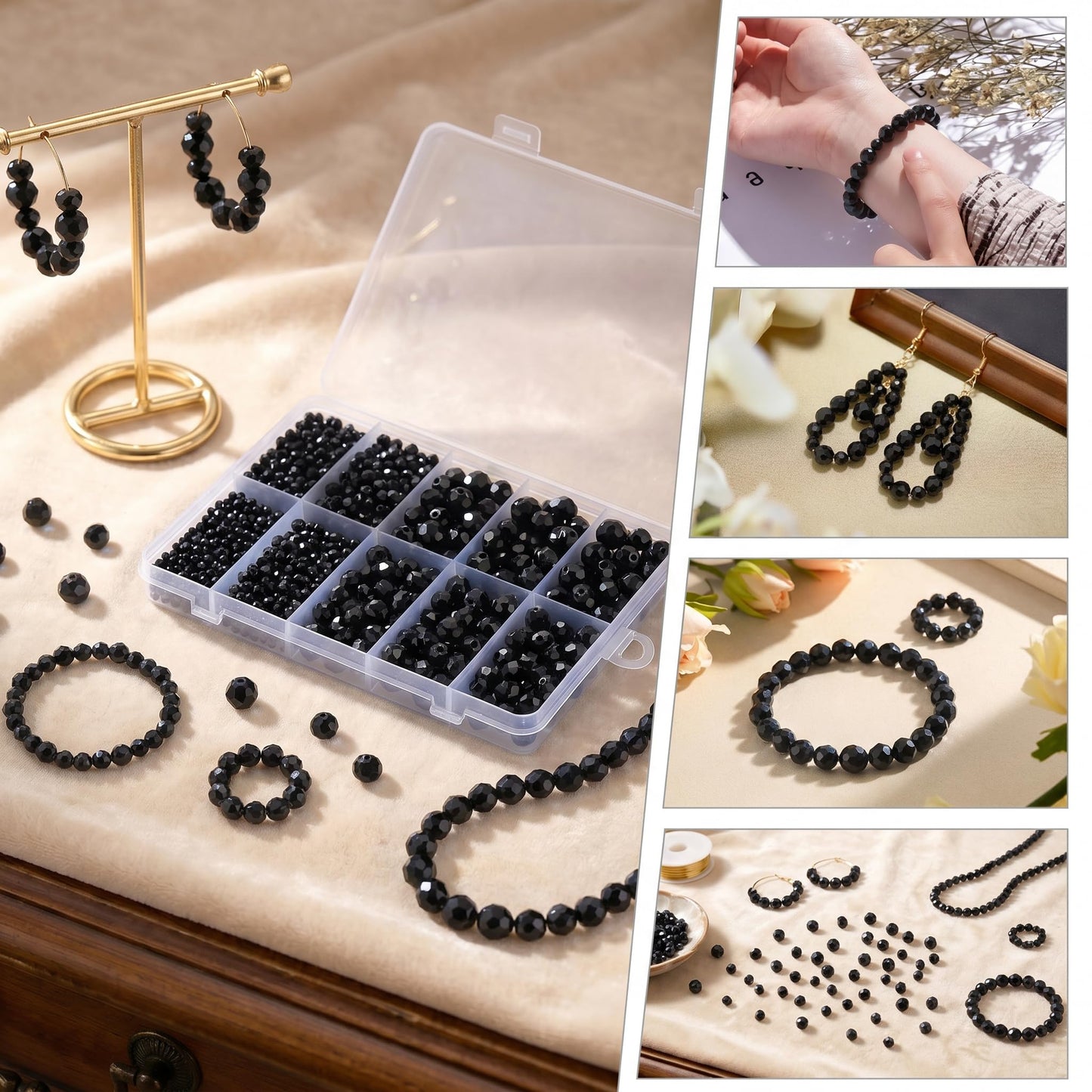 QINJIEJIE 1000Pcs 4/6/8/10mm Black Glass Beads for Jewelry Making Assorted Glass Beads for Suncatchers Bulk Crystal Beads for Bracelets Necklace Pendants Making DIY Supplies (Black)