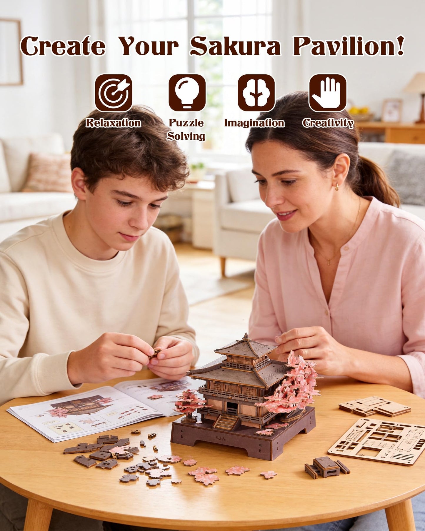 Rolife 3D Wooden Puzzle Sakura Pavilion, DIY Japanese Architecture Model & Miniature House Building Kit for Adults, 235PCS Wood Craft Puzzle, Cherry Blossom Home Decor for Teens and Adults