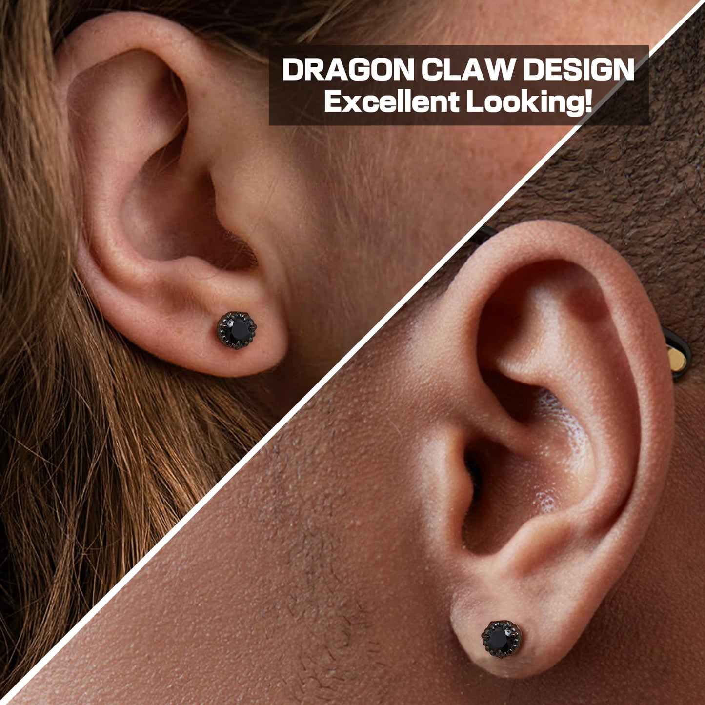 GEMQUEEN Magnetic Earrings for Men Women - 5A Shiny CZ Dragon Claw Punk Hypoallergenic Stainless Steel Non Piercing Clip on Fake Earrings Studs Black 5MM Not Easy to Fall