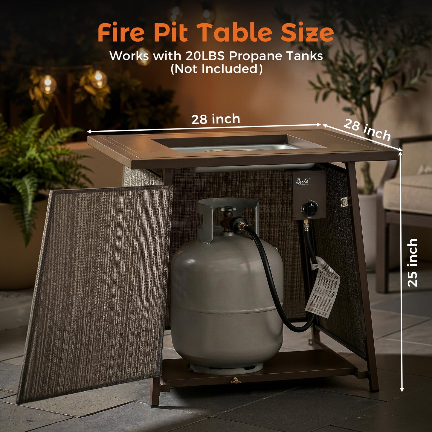 BALI OUTDOORS 50,000 BTU Propane Fire Pit Outdoor, 28 inch Propane Fire Pit Table Square, Gas Firepits for Outside Patio, Garden, Backyard