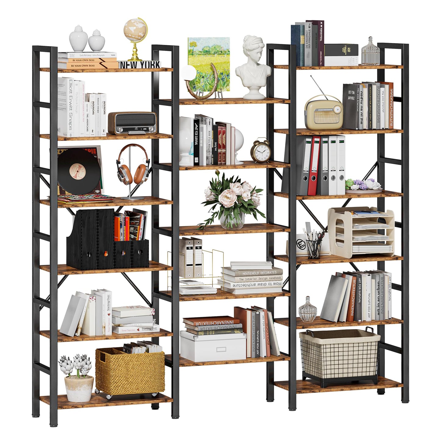 IRONCK Bookshelves 6 Tiers Triple Wide Industrial Bookshelf, Large Etagere Bookshelf Open Display Shelves with Metal Frame for Living Room Bedroom Home Office