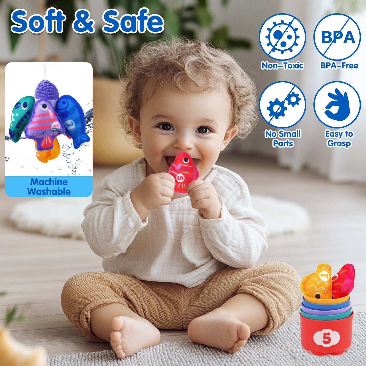 Arovan Montessori Toys for 1 Year Old - Cloth Fishing Game with Stacking Cups Toddler Toys for One Year Old Boy Girl First Birthday Gift - Sorting Learning Baby Toy 12-18 Months 1 2 Year Old