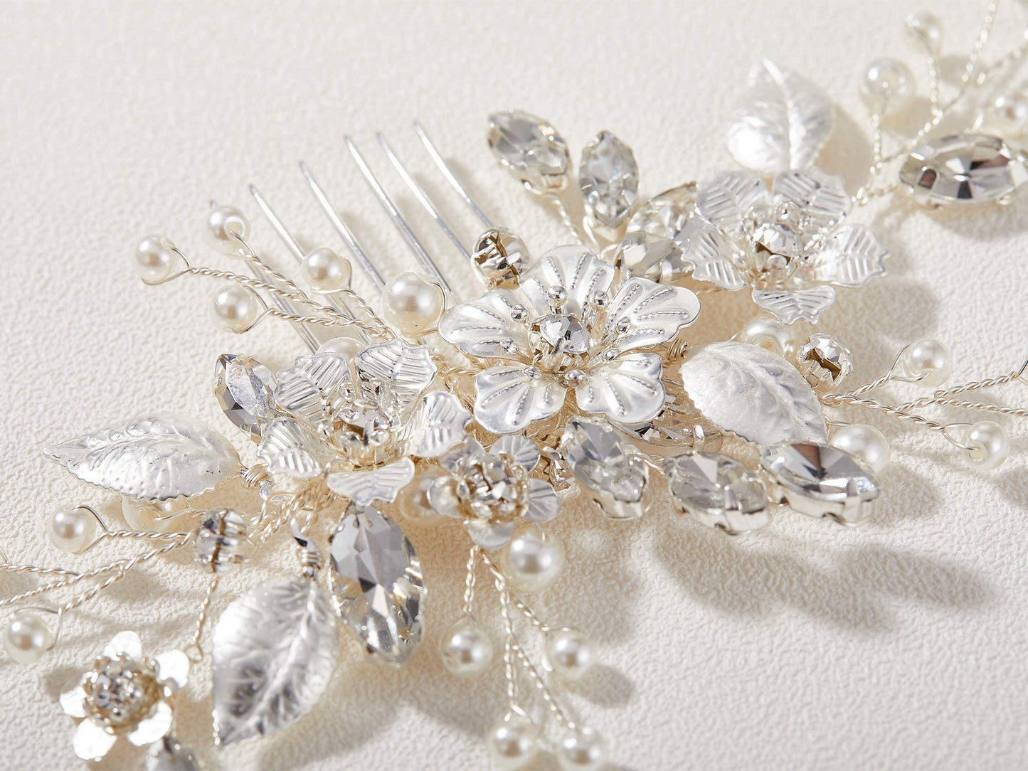 SWEETV Silver Bridal Hair Comb for Wedding Hair Accessories, Handmade with Crystals, Pearls, and Leaves, 4.72 x 2.75 inches, for Brides, Women