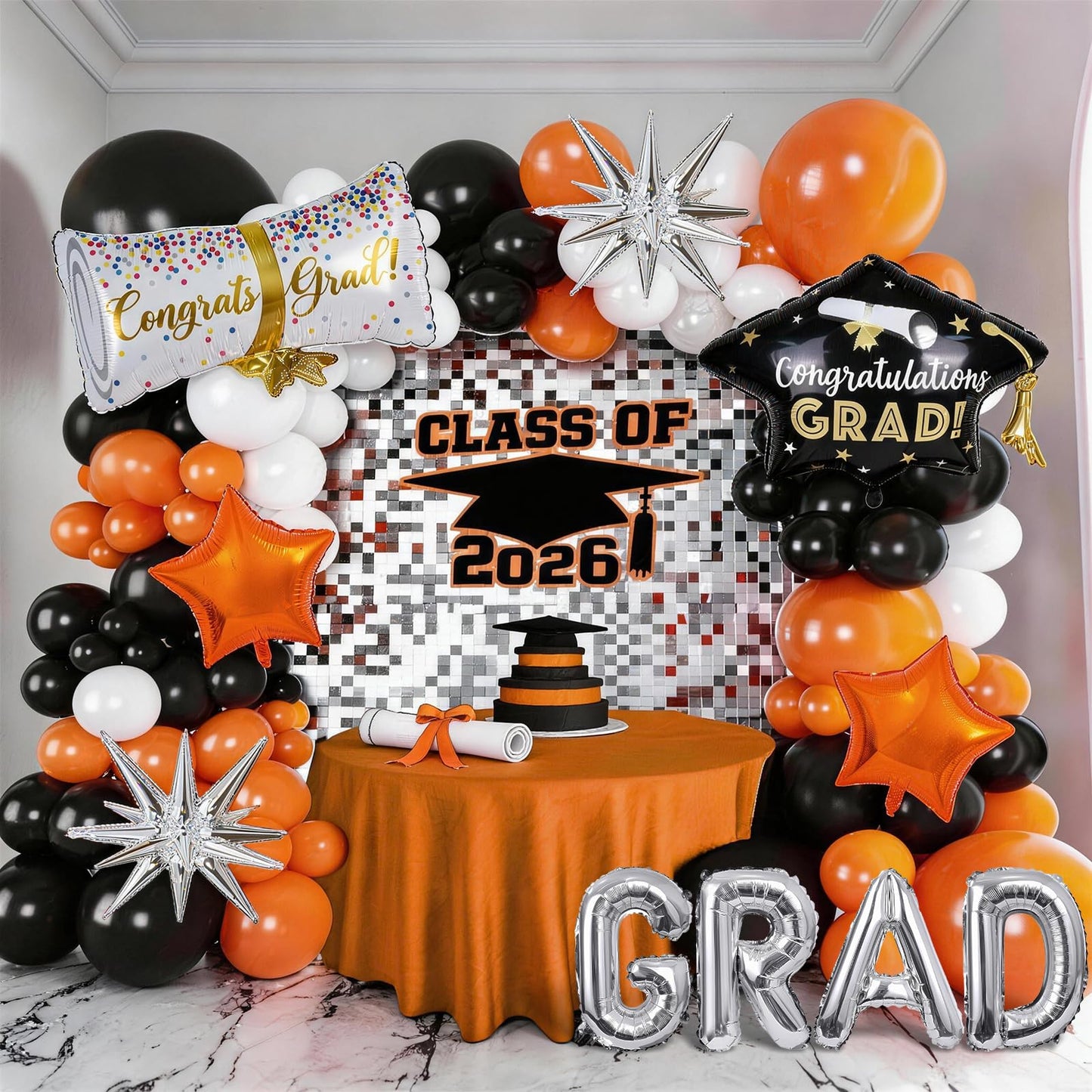 Orange Graduation Balloons Garland Arch Kit, 117PC Orange Black White Graduation Star Print Certificate Grad Foil Balloon with Silver Explosion Star Balloon for Graduate Class of 2026 Prom Party Decor