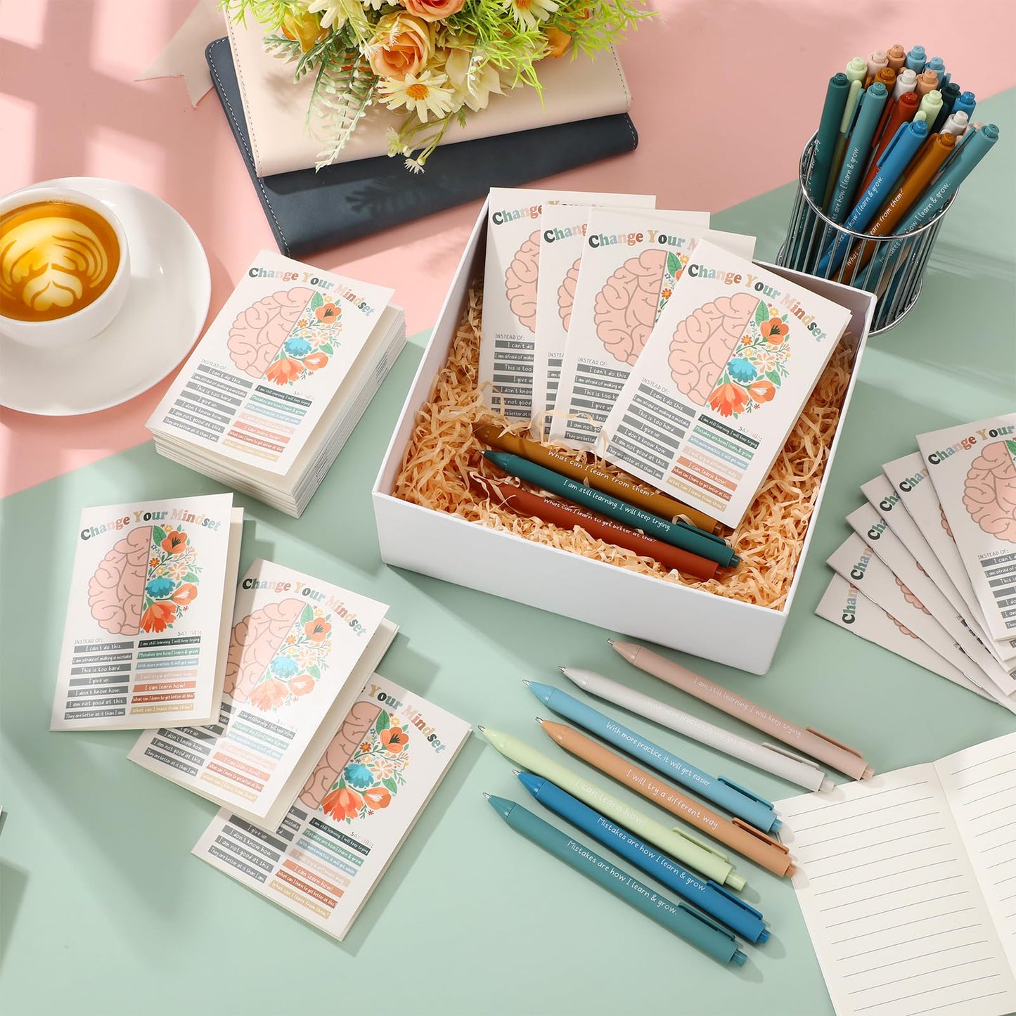 Janlaugh 60 Pcs Mental Health Awareness Gifts Bulk Motivational Notebook Journals and Positive Affirmation Pen Mental Health Items for Coworker Nurse Week Teacher Student End of Year Gifts (Mindset)