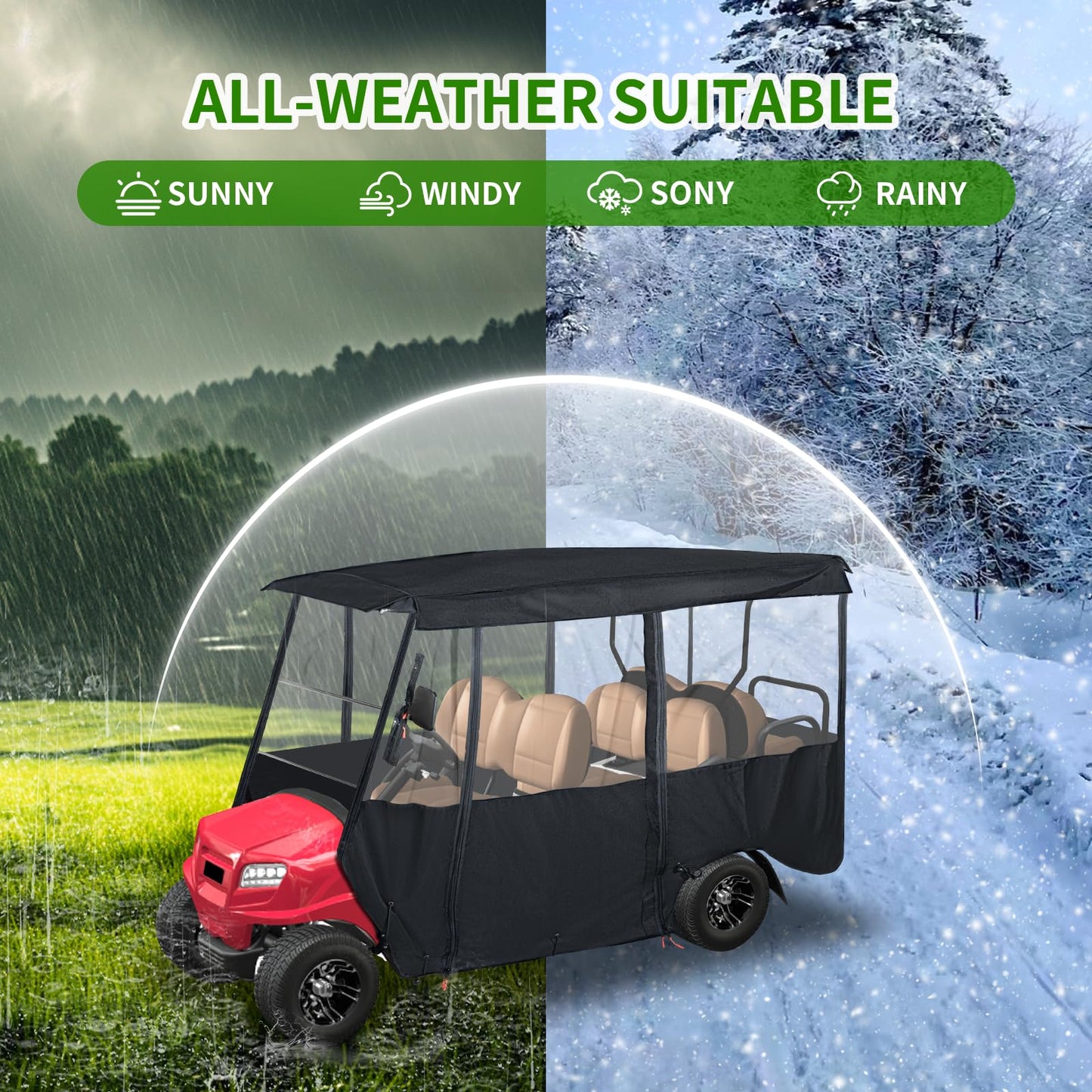 Tecoom Golf Cart Enclosure 4+2/6 Passenger, Golf Rain Cover 600D Waterproof Snowproof, 4 Door Zippers, 4-Side Clear Windows and 8 Windproof Hooks, Fit for EZGO, Yamaha, Club Car, Long Roof 144''L