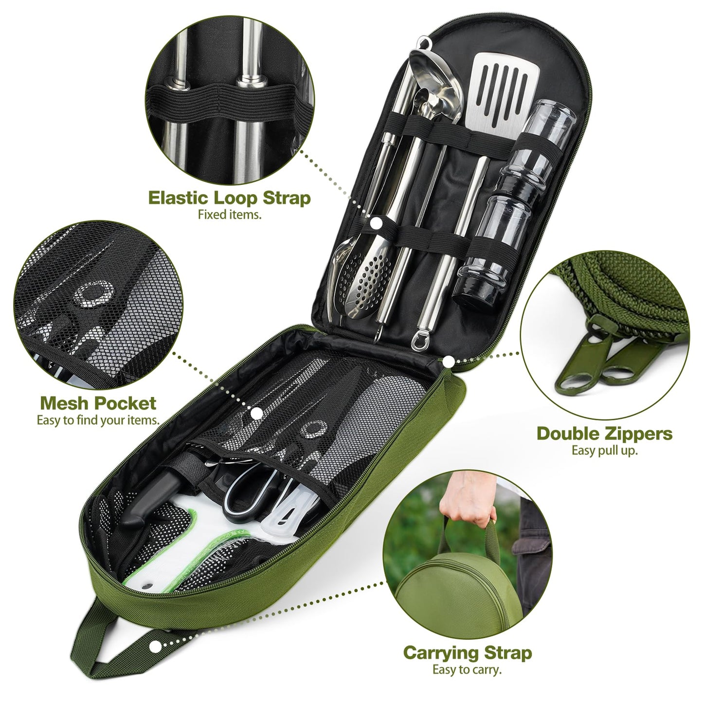 ONLYFIRE OUTDOOR LIVING Portable Camping Utensil Set, 16 Piece Cookware Kit, Outdoor Cooking and Grilling Utensil Organizer Travel Set Perfect for Picnic, RV, Tailgating, Camping, Hiking, CT606