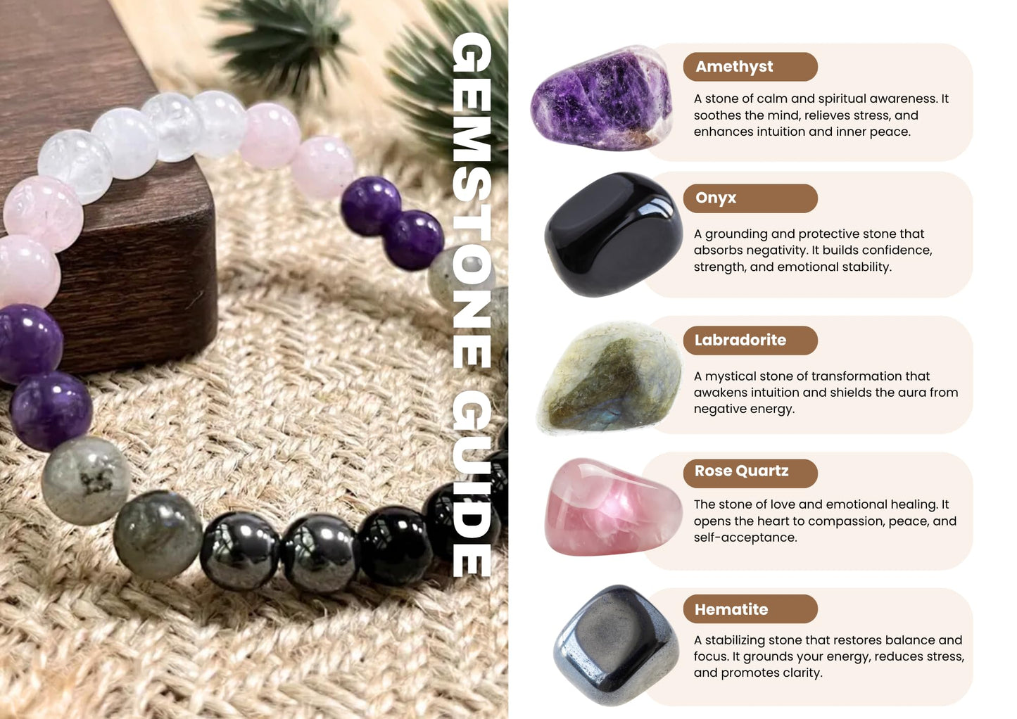 TUQBA Empath Protection Beaded Crystal Bracelet Natural Stone Jewelry Onyx, Amethyst, Labradorite, Rose Quartz, White Jade, Baptism Birthday Healing Christmas, Mothers Days Gifts