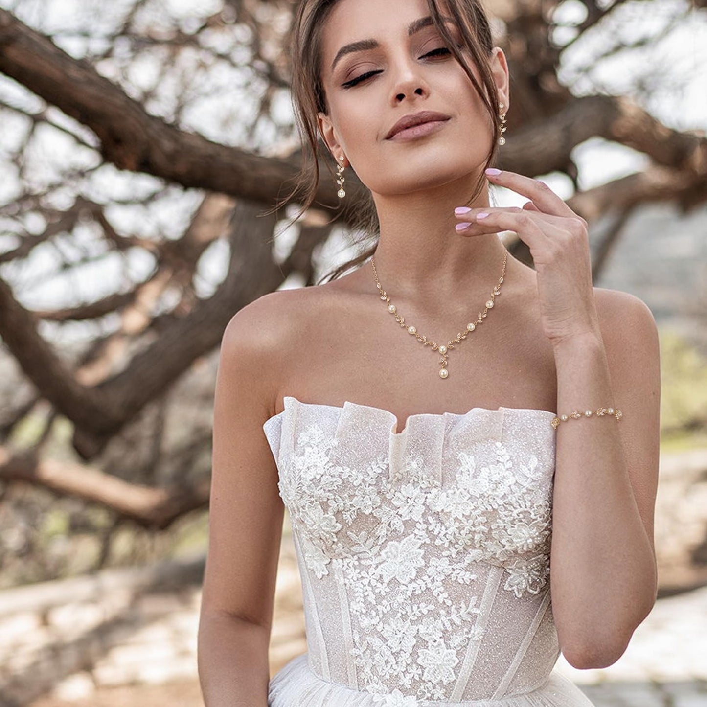 EVER FAITH Bridal Jewelry Set for Bride Bridesmaid, White Marquise Cubic Zirconia Gold-Plated-Brass Faux Pearl Leaf Vine Party Prom Necklace Dangle Earrings Bracelet for Women