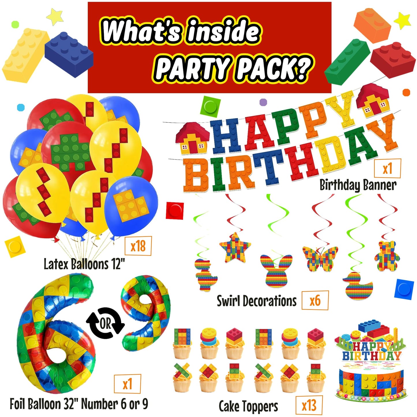 Birthday Decorations 6 Year Old Boy – 6th or 9th Birthday Decorations – Building Blocks Party Kit – Number 9 or 6 Balloons, Banner, Cupcake & Cake Toppers – Brick Theme Party Supplies for Boys 6 or 9