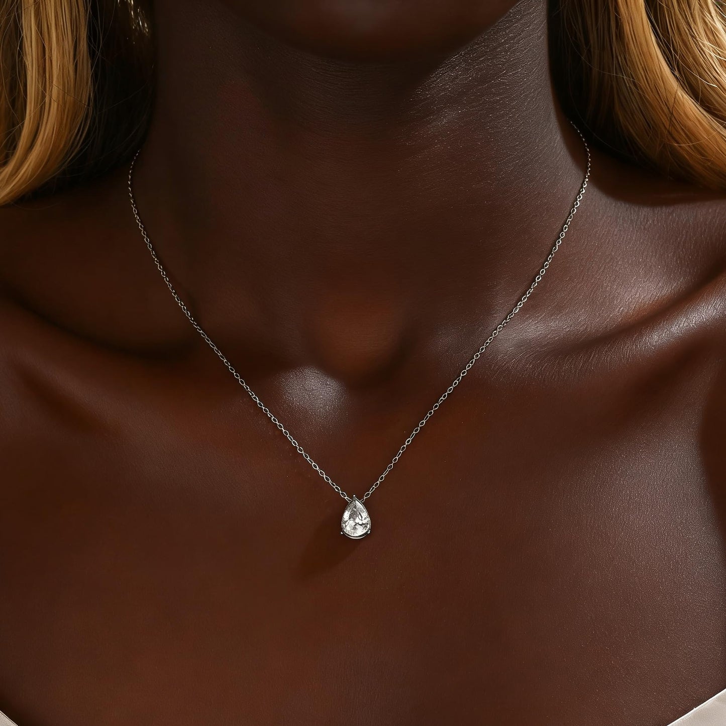 Jewigo silver necklace for women silver Plated Tear drop Necklace Dainty Layered CZ Lariat Diamond Necklace