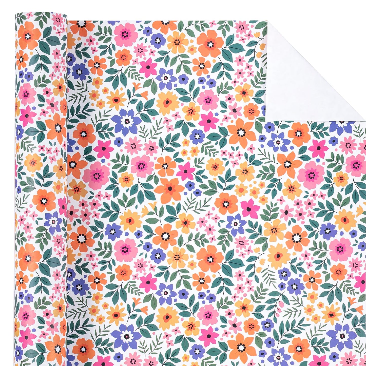 WRAPAHOLIC Kraft Floral Wrapping Paper Roll - Mini Roll - 17 Inch x 33 Feet - Ditsy Flower Wrapping Paper, Perfect for Wedding, Birthday, Bridal Shower, Tea Party