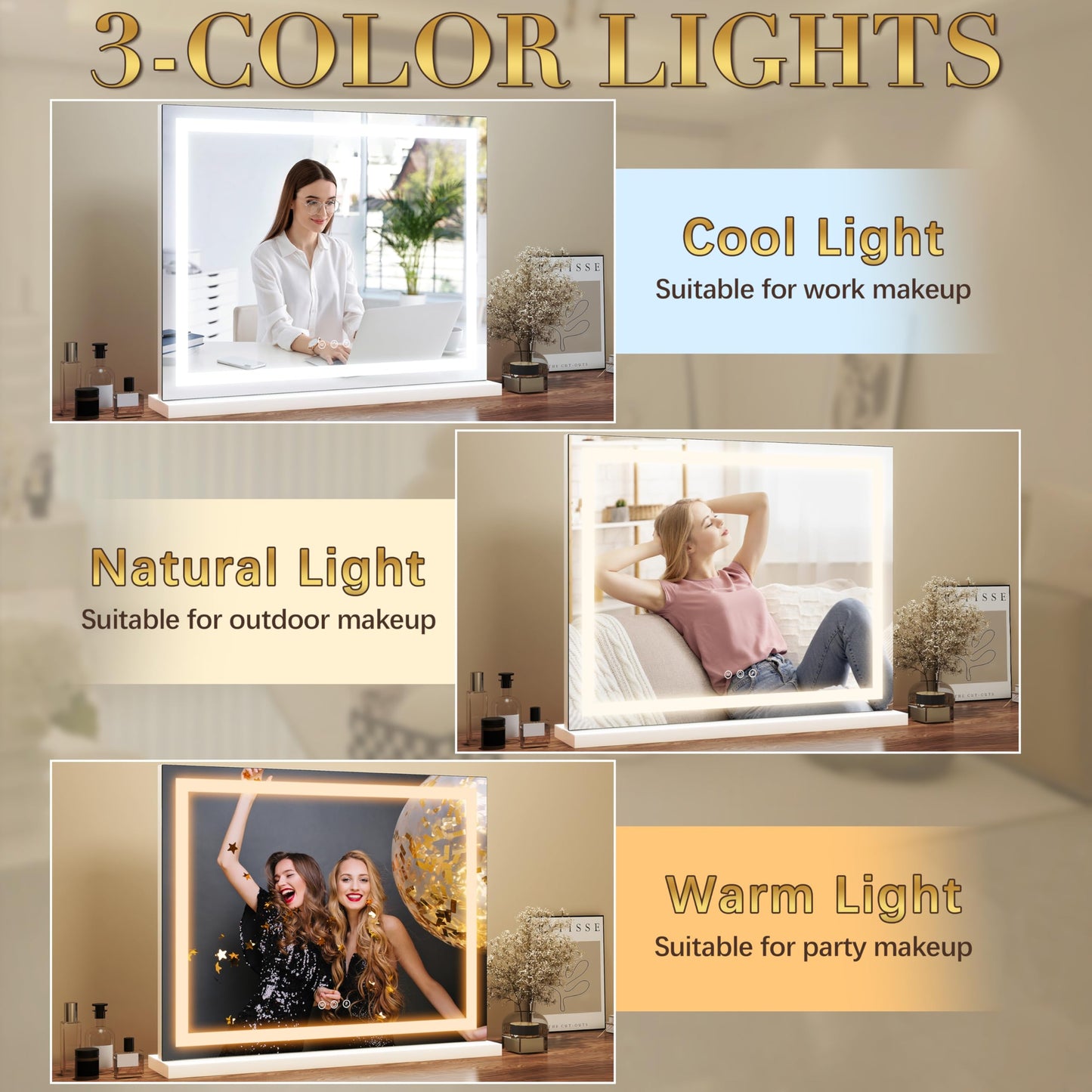 ROLOVE 23x18 Inch Lighted Vanity Mirror, 3-Color Dimmable LED & Touch Control - Large Makeup Mirror for Dressing Room (Wall/Tabletop Mount)
