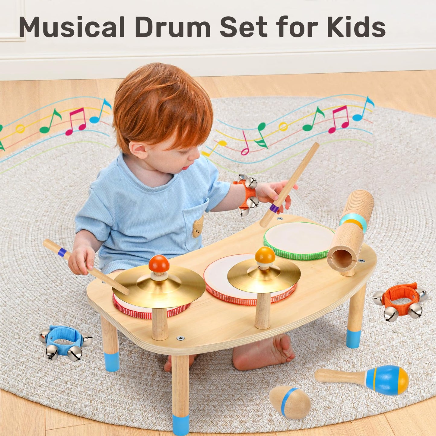 WINGYZ 11-in-1 Toddler Drum Set-Wooden Baby Musical Instruments & Montessori Musical Toys for Toddlers 1-3, Music Table with Bongo Drums, Cymbals, Maracas & Wrist Bells for Early Rhythm Play
