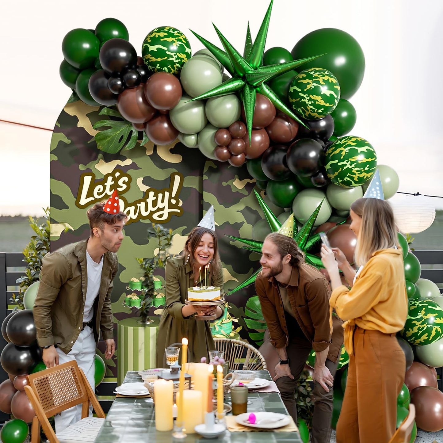 137pcs Camo Balloon Arch Garland Kit, Dark Green and Brown Balloon Arch Kit with Brown Sage Green Black Foil Balloons for Jungle Hunting Camo Birthday Party Decorations