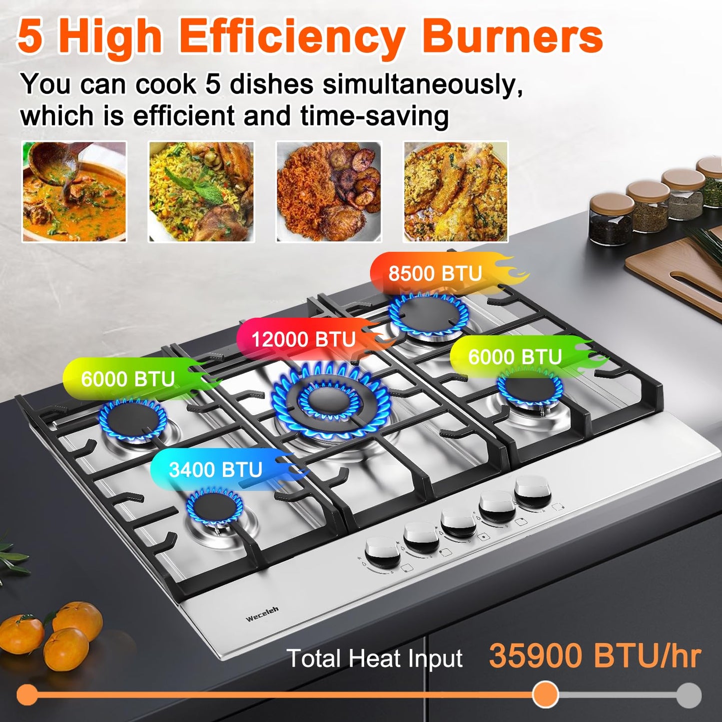 30 Inch Built in Gas Cooktop, 5 Sealed Burners Gas Stove Top, NG/LPG Convertible Propane Cooktop, Auto Ignition, Stainless Steel Surface, Cast Iron Grates, Thermocouple Protection, ETL