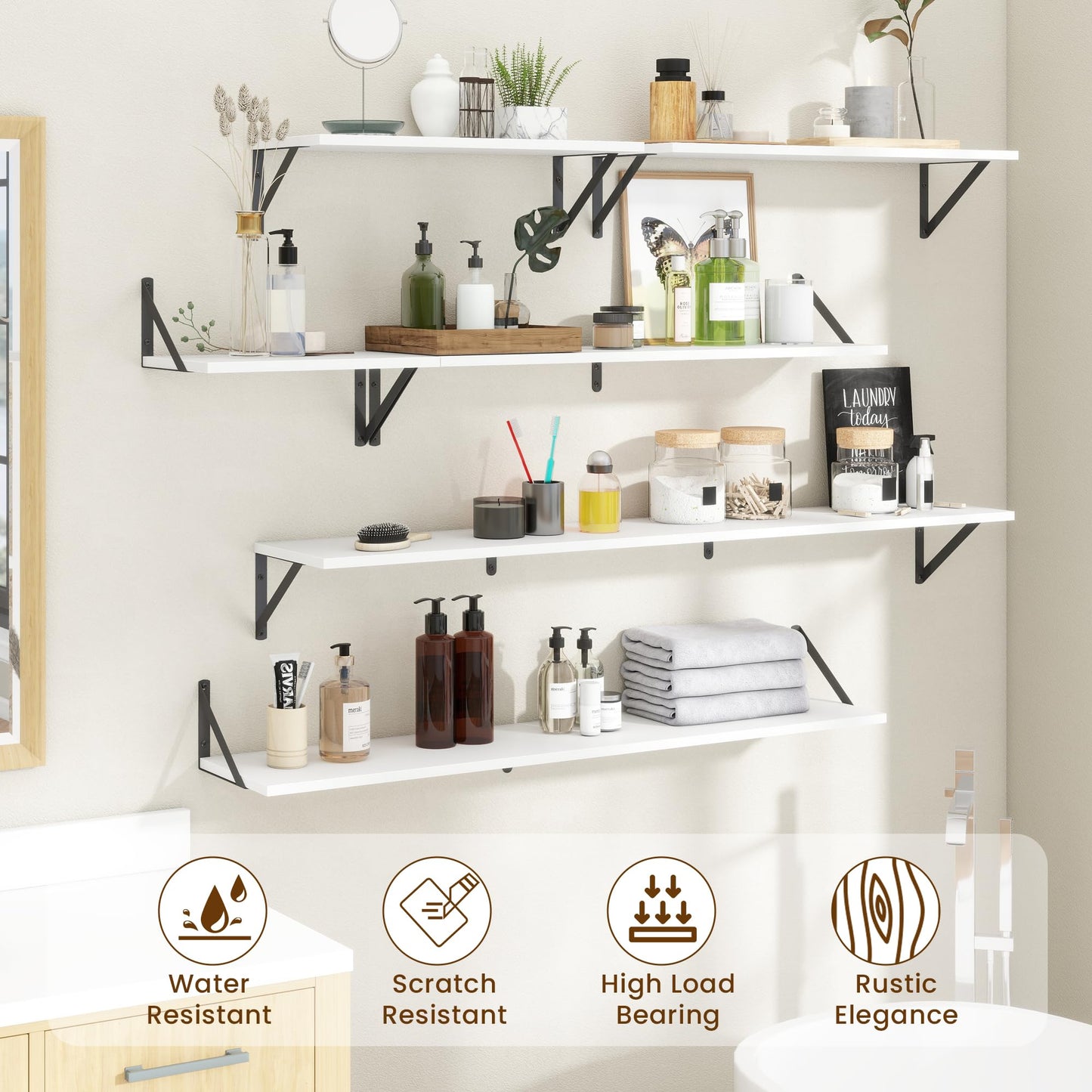 Acovy Floating Shelves for Wall Decor,24" Wx8 D Wall Mount Floating Bookshelf Set of 2,Hanging Storage Shelf with Sturdy Metal Brackets,Wooden Shelf for Living Room,Bedroom,Bathroom,White