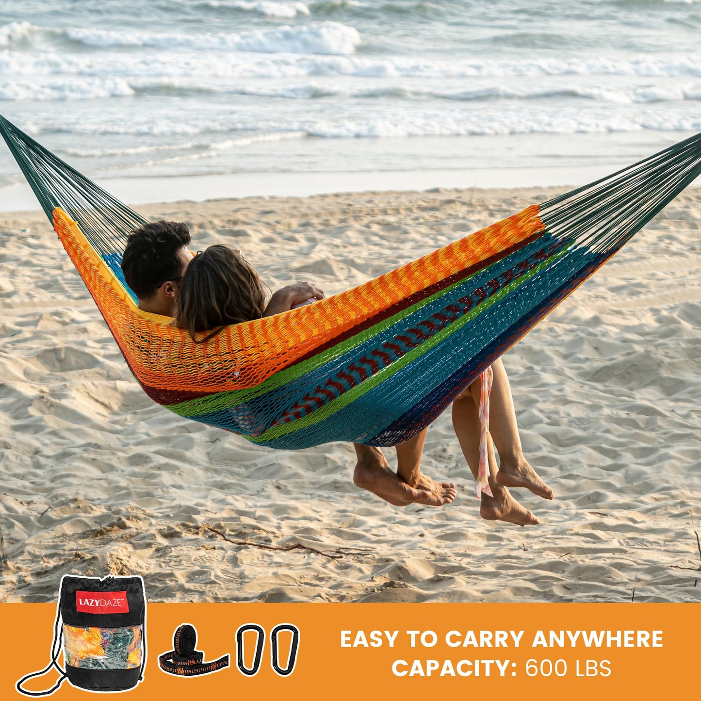 Lazy Daze Hammocks Handwoven Mayan Hammock, 10.5 FT Soft Rope Double Hammocks, Portable Outdoor Hammock with Carry Bag, 2 Straps & Carabiners for Patio Outside, 550 lbs Weight Capacity, Multi Color