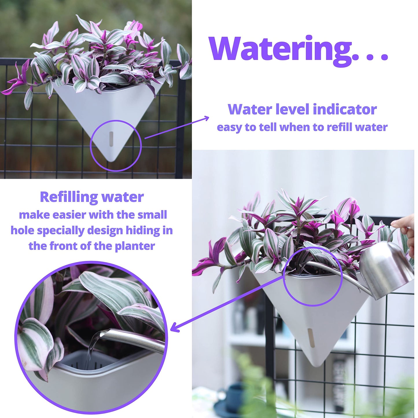 LaLaGreen Bundle- 10 Pack, 4 Inch White Metal Pot + 4 Pack, 12 Inch Geometric Self Watering Pot Modern Stylish Hanging Flower Vase Vessel Rail Porch Deck Window Herbs Plant Holder Indoor Garden Decor